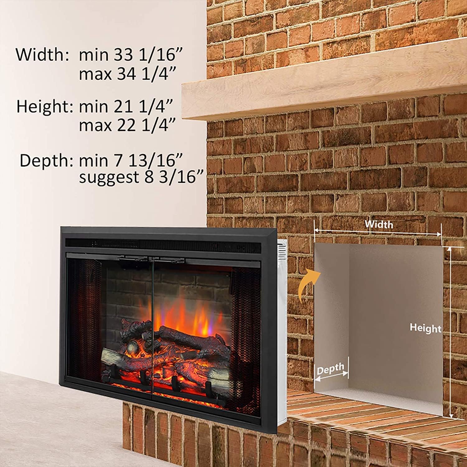 PuraFlame Klaus Electric Fireplace Insert with Fire Crackling Sound, Glass Door and Mesh Screen, 750/1500W, Black, 29 15/16 Inches Wide