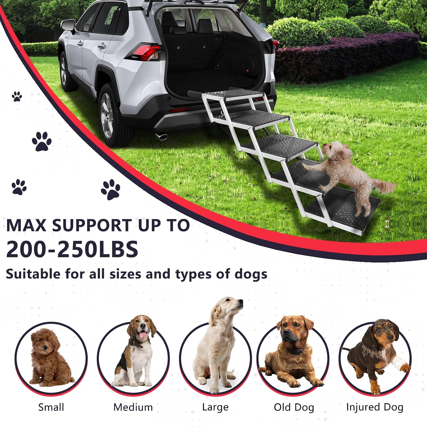 Dog Ramps for Small & Big Dogs Portable Folding Pet Stairs with Nonslip Surface Foldable Truck Ramp Stairs for Car, SUV and Trucks, Supports Up to 250LBS, 6 Steps
