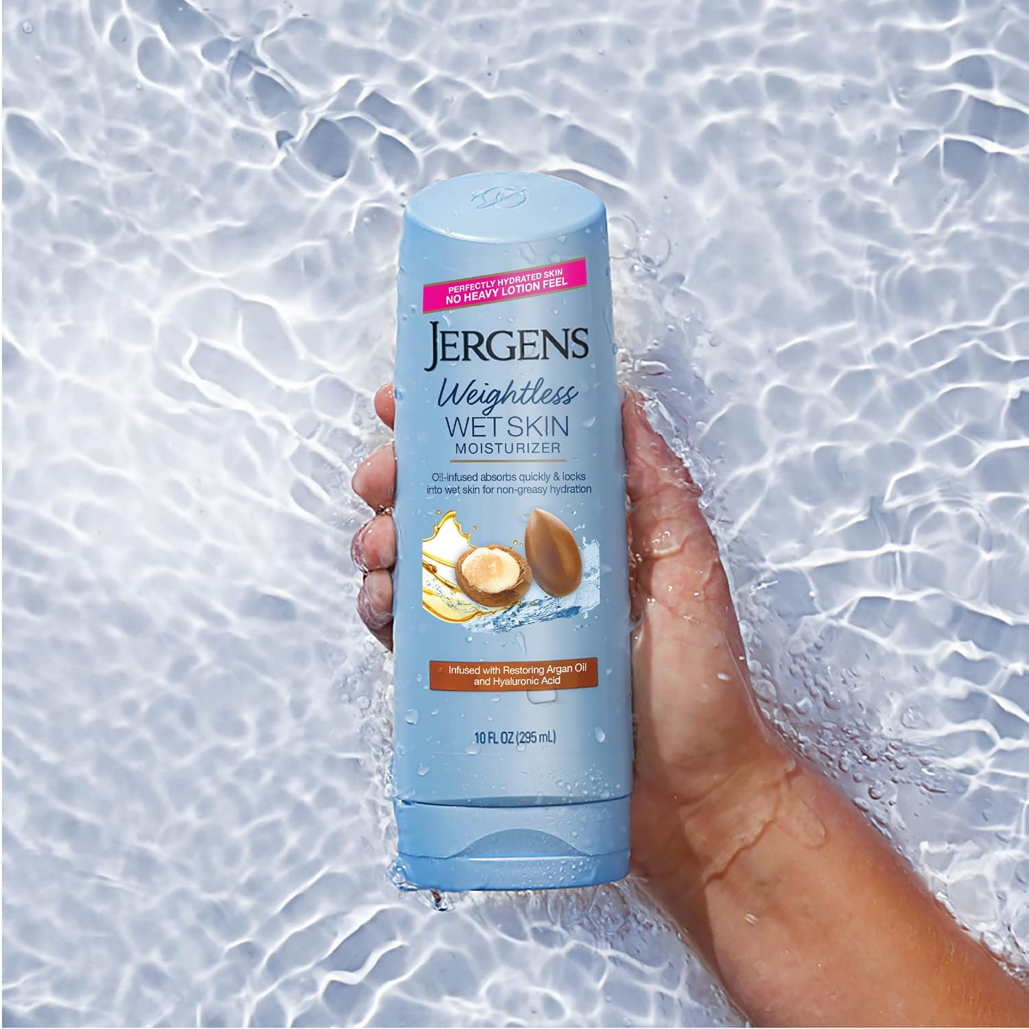 Jergens In Shower Lotion For Dry Skin, Wet Skin Moisturizer, 10 oz, 4 Pack | Argan Oil, Hyaluronic Acid, Fast Absorption, Non-Sticky Formula, Dermatologist Tested