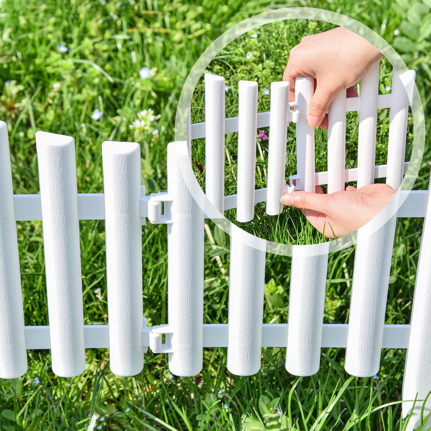 Sungmor Lightweight & Flexible Plastic White Edging Garden Picket Fence, Pack of 4 (One Piece L:24in, W:0.3in, H:13in) Above Ground Height 9.5in