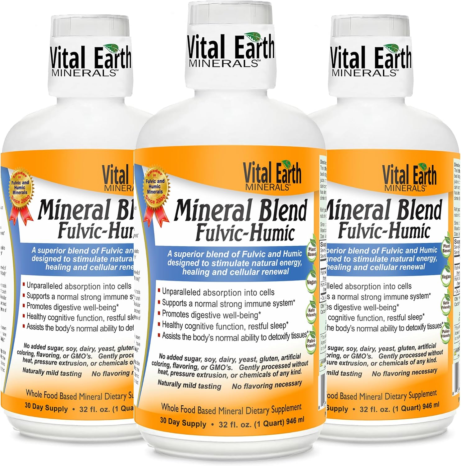 Vital Earth Minerals Fulvic Humic Mineral Blend Liquid 2-Pack – Fulvic Acid Supplement with 70+ Trace Minerals, Electrolytes for Recovery, Balance & Energy, 32 Oz Ea + 1 Oz Cup Ea