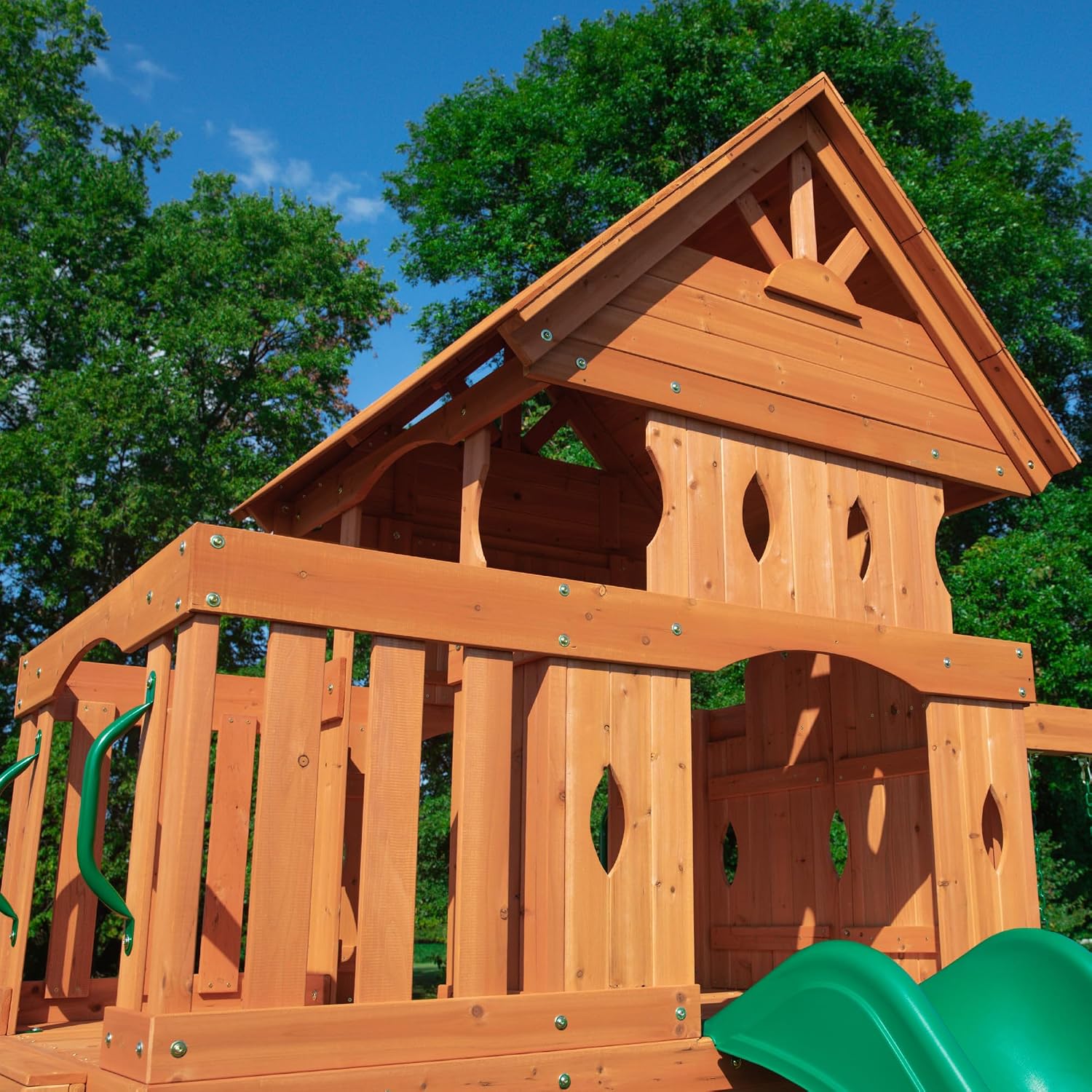 Backyard Discovery Woodland Cedar Wood Swing Set with Wave Slide, Clubhouse, Rock Wall, Snack Bar Station, Benches, Belt Swings, Trapeze, Half Door