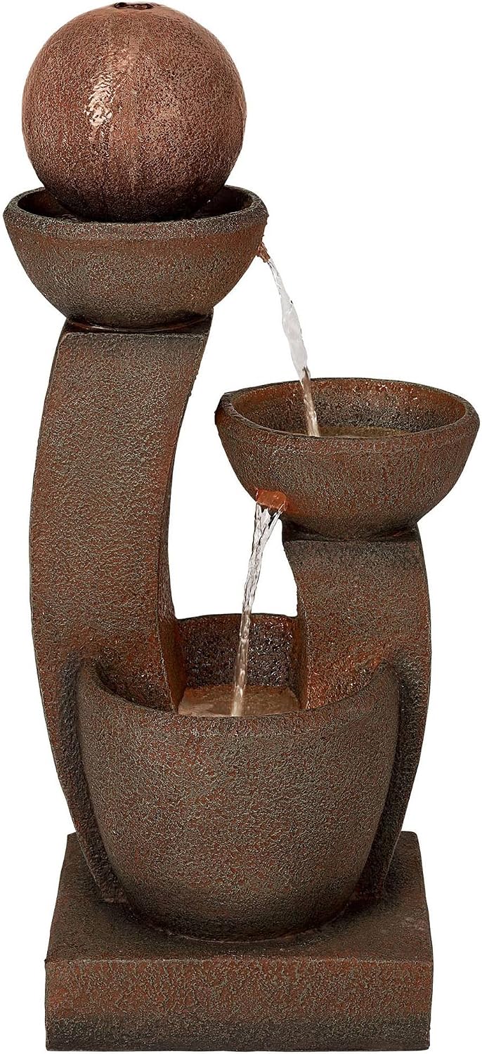 Curved Columns 31" High LED Light Modern Outdoor Indoor Large Fountain | Zen Decor Faux Stone Floor with Standing Waterfall Bowl Water Feature for