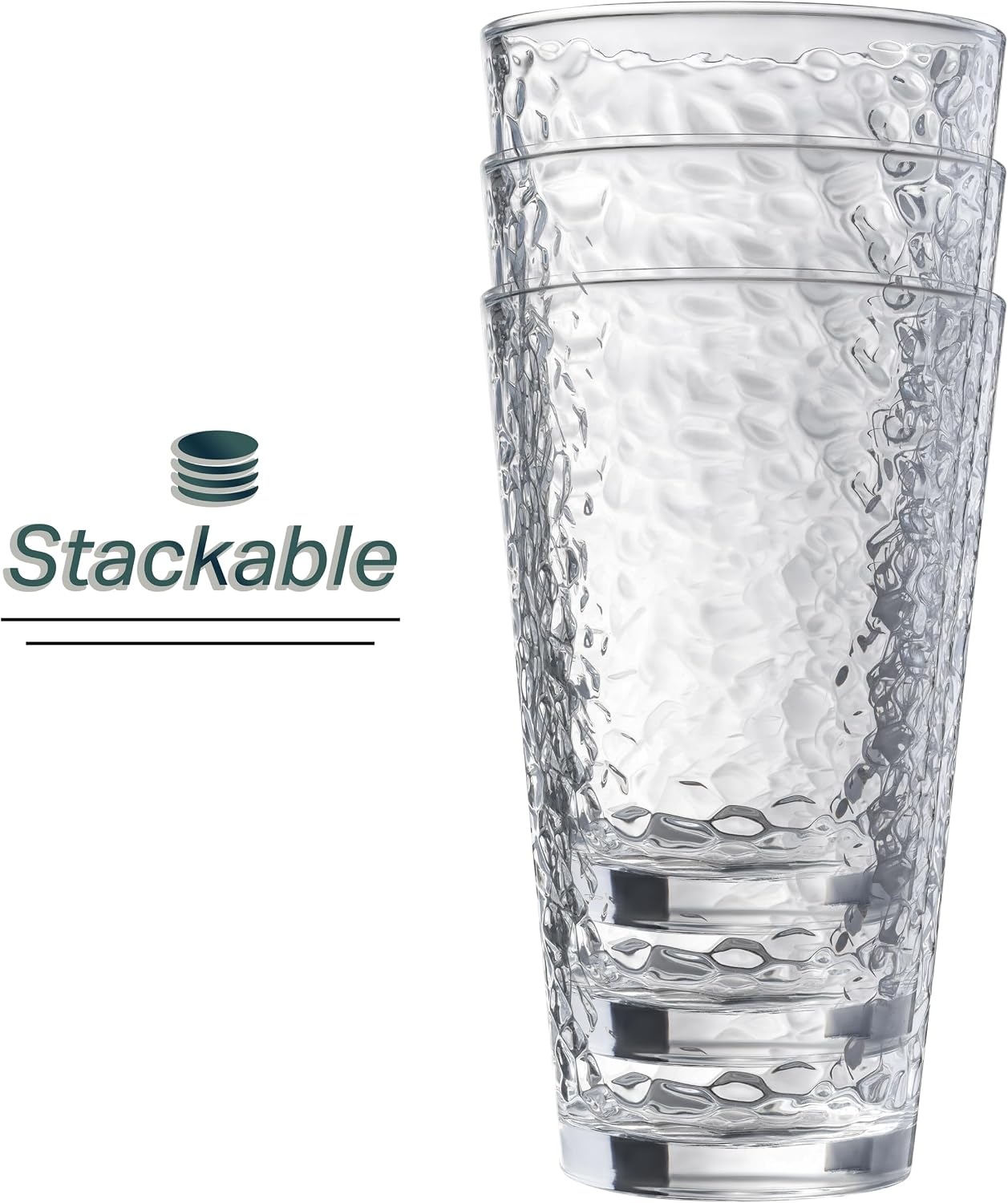 Le'raze Set of 10 Hammered Glass Cups, Clear Heavy Base Drinking Glasses | 16oz, Stackable, Durable, Dishwasher Safe, Freezer Safe, Non Slip