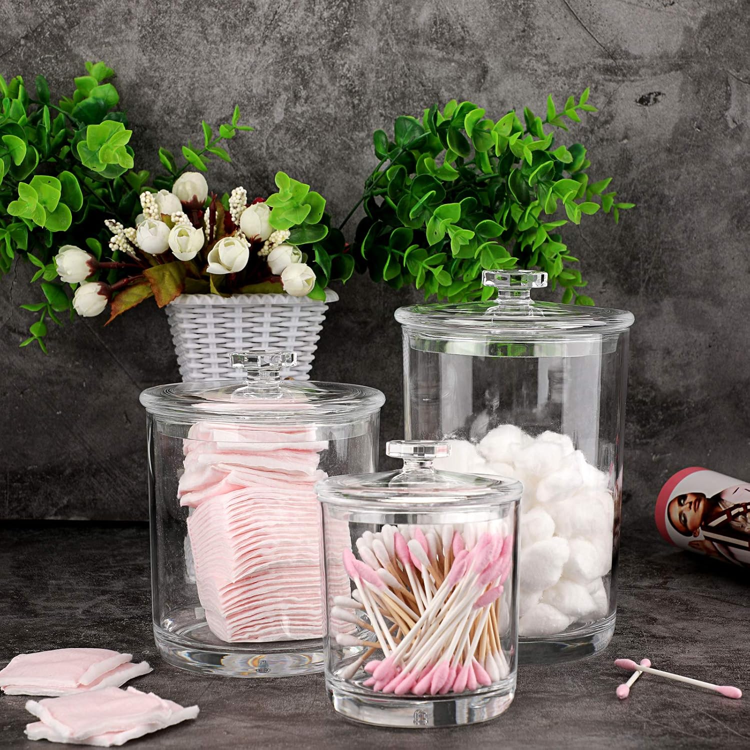 Hipiwe Clear Plastic Apothecary Jars with Lid, Set of 3 Large Q-Tips Holder