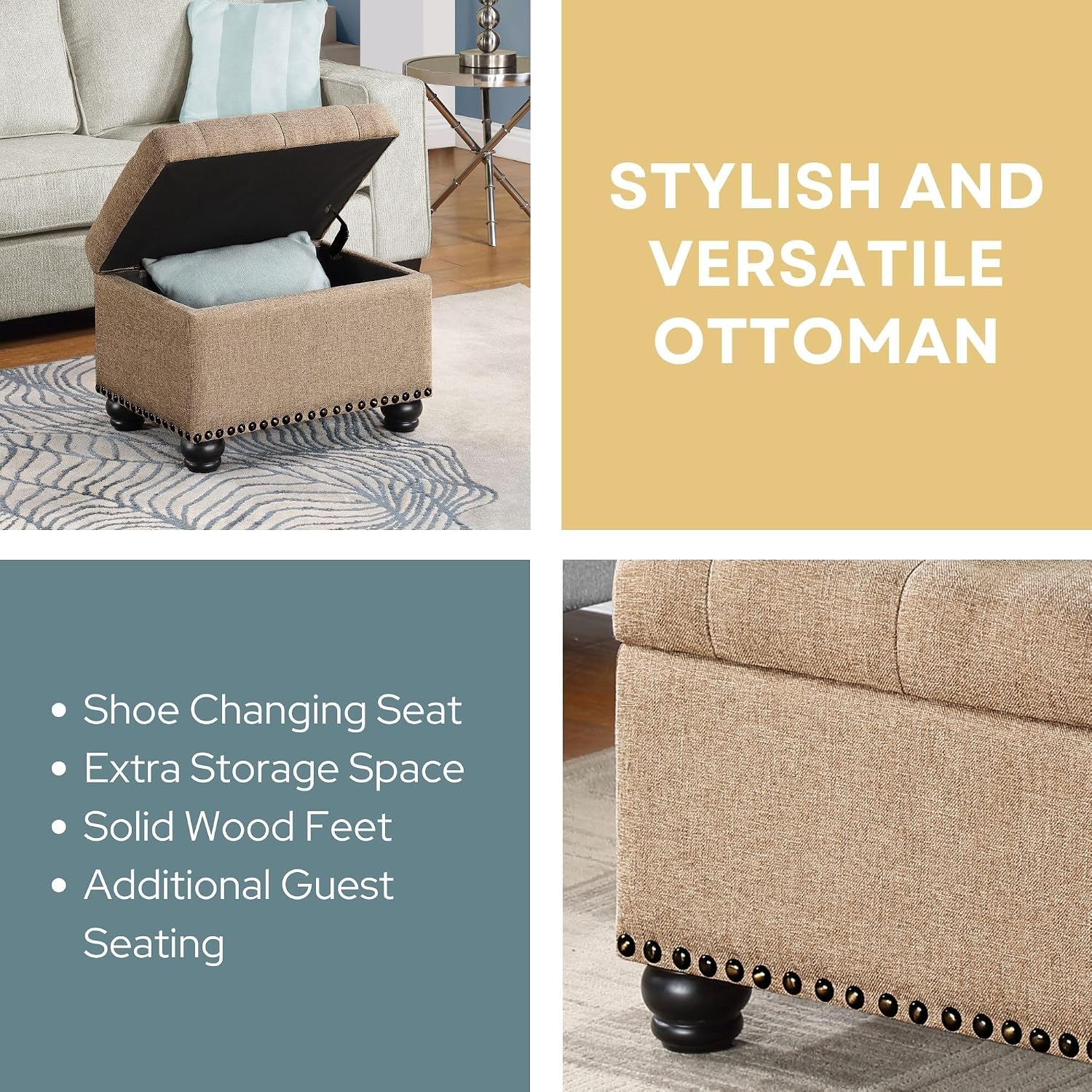Convenience Concepts Designs4Comfort 5th Avenue Storage Ottoman 24" - Contemporary Foot Stool and Seat with Hinged Lid for Living Room, Dining Room, Office, Den, Espresso Faux Leather