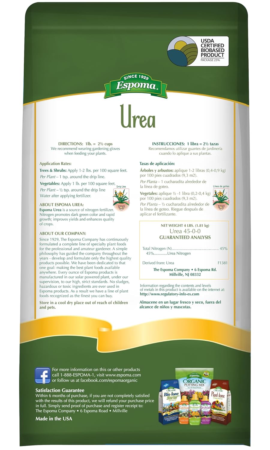 Espoma Urea Nitrogen Fertilizer 45-0-0, 4lb. Bag, Promotes Growth in All Flowering Plants, Trees, Shrubs