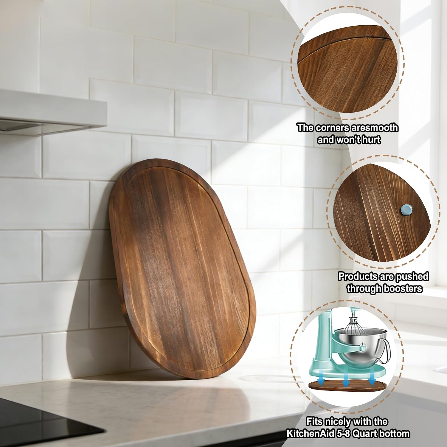 Mixer Slider Mat for KitchenAid 4.5-5 Qt Tilt Head Stand Mixers (Brown) | Pine Wood Moving Tray for Kitchenaid Artisan, Storage Organizer for Kitchen Countertop Accessories and Attachments
