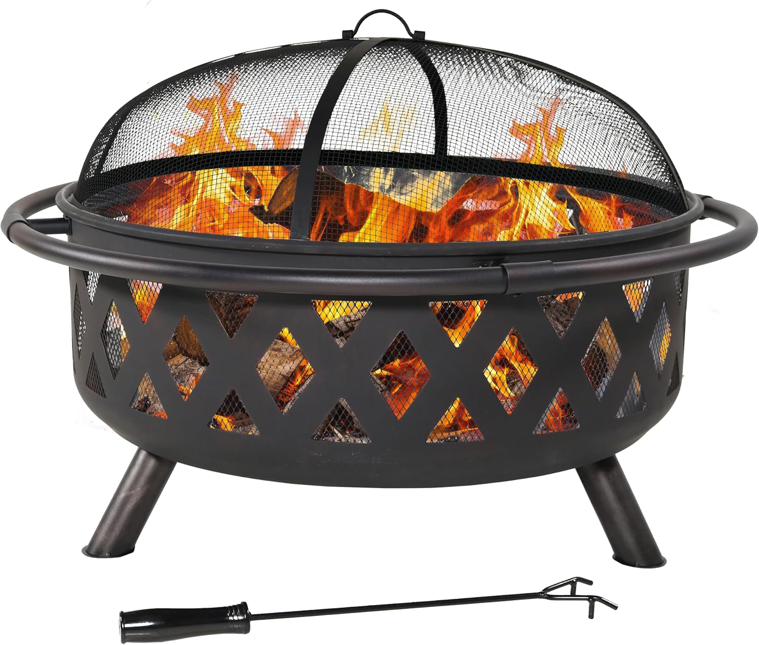 Sunnydaze Crossweave Large Outdoor Fire Pit, Wood Burning, Round, 36" | Black, Heavy Duty Steel Metal, Patio Fire Pit with Spark Screen, Poker, & Cover, Wood Firepit for Outside, Backyard, or Deck
