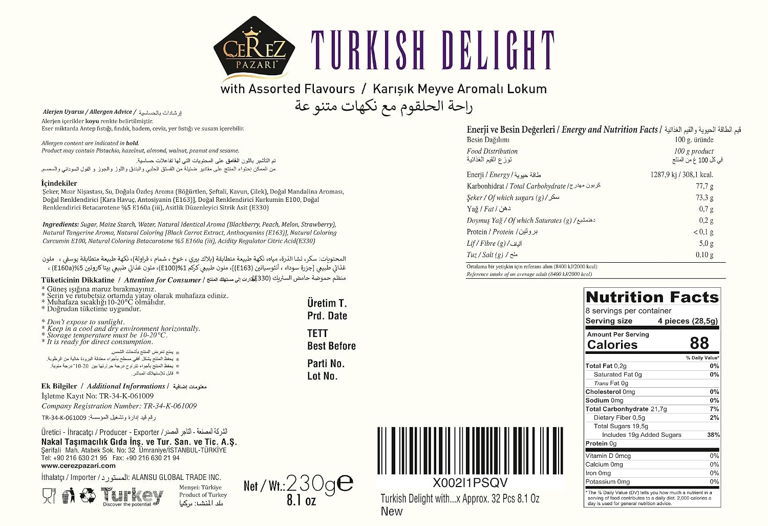 Cerez Pazari Turkish Delight Candy With Assorted Flavors 16 oz, Gourmet Snacks Gift Box