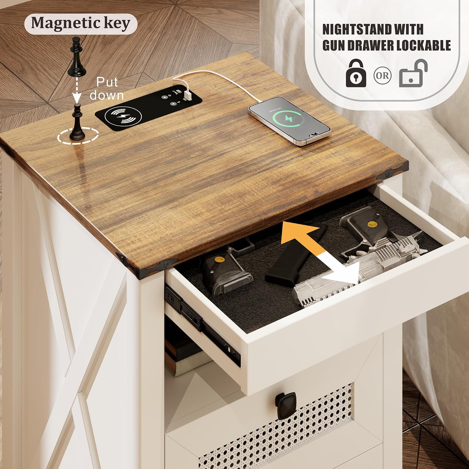 LED Night Stand with Gun Drawer & Charging Station | Human Sensor Lights, Hidden Storage, Farmhouse Rattan Style, 3 Drawers, Bedside Table for Bedroom, End Tables Livingroom