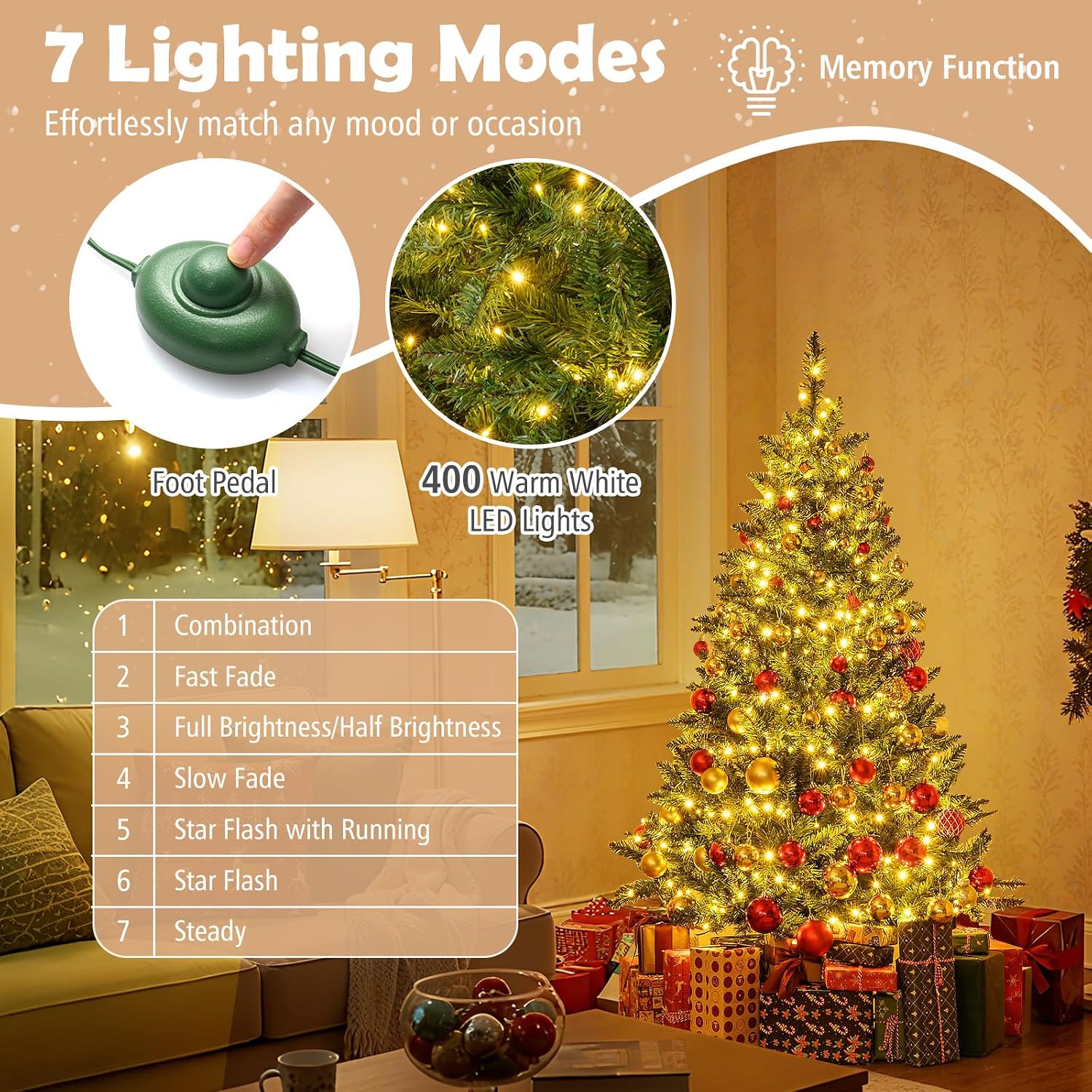 Goplus 7.5ft Pre-Lit Artificial Christmas Tree, Premium PVC Snow Flocked Hinged Pine Tree with Metal Stand and LED Lights
