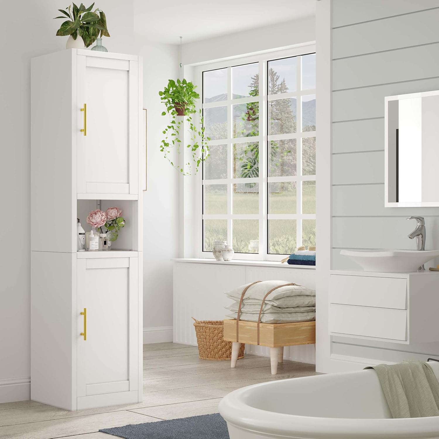 pozdeg 67" Tall Narrow White Metal Storage Cabinet | 2 Doors, 4 Adjustable Shelves, Freestanding Slim Pantry Organizer for Bathroom Kitchen Living Room