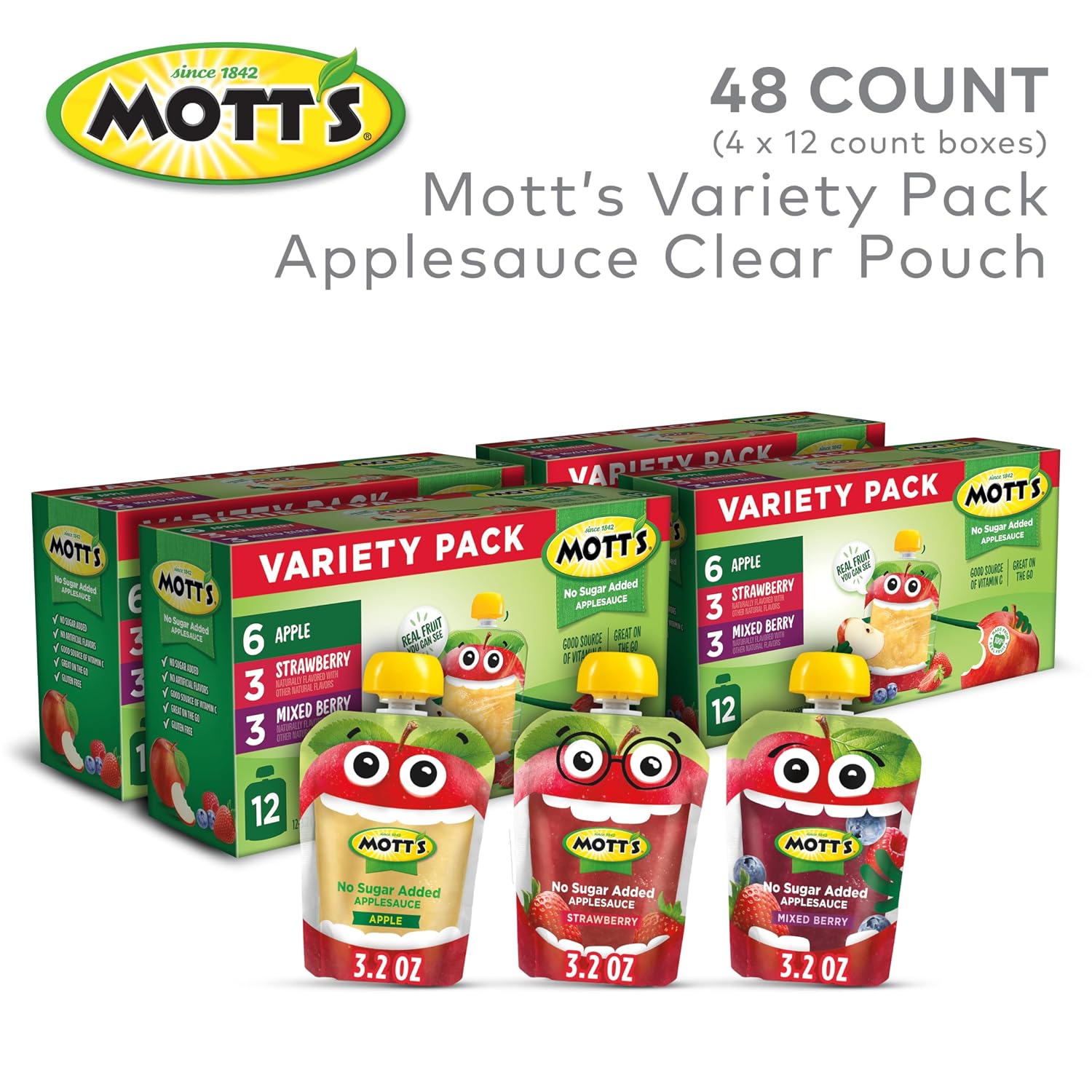Mott's No Sugar Added Strawberry Applesauce, 3.2 Oz Clear Pouches, 48 Count (4 Packs Of 12), Good Source Of Vitamin C, No Artificial Flavors