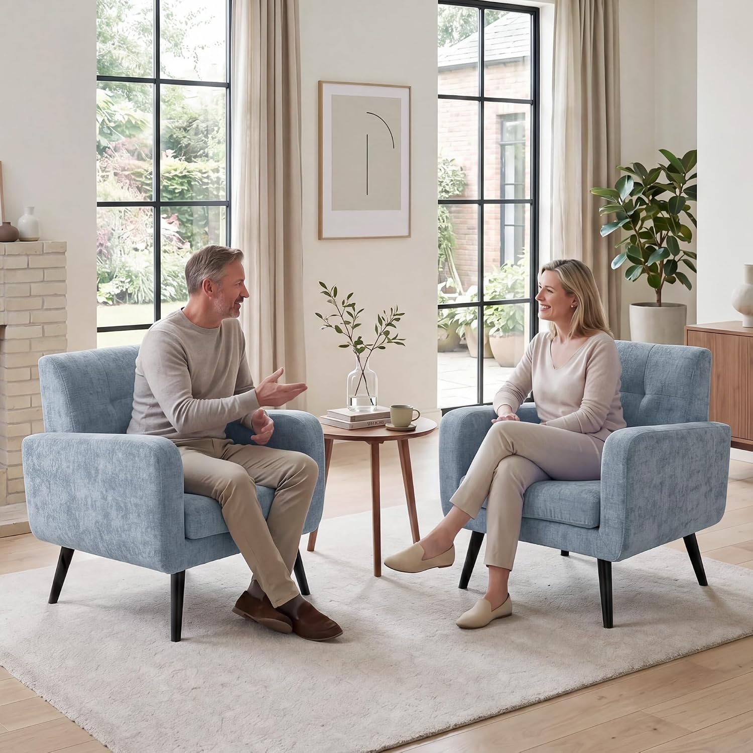 LSSPAID Modern Accent Chairs, Upholstered Fabric Cozy Armchairs, Living Room Side Chair with Solid Wood Legs, Blue