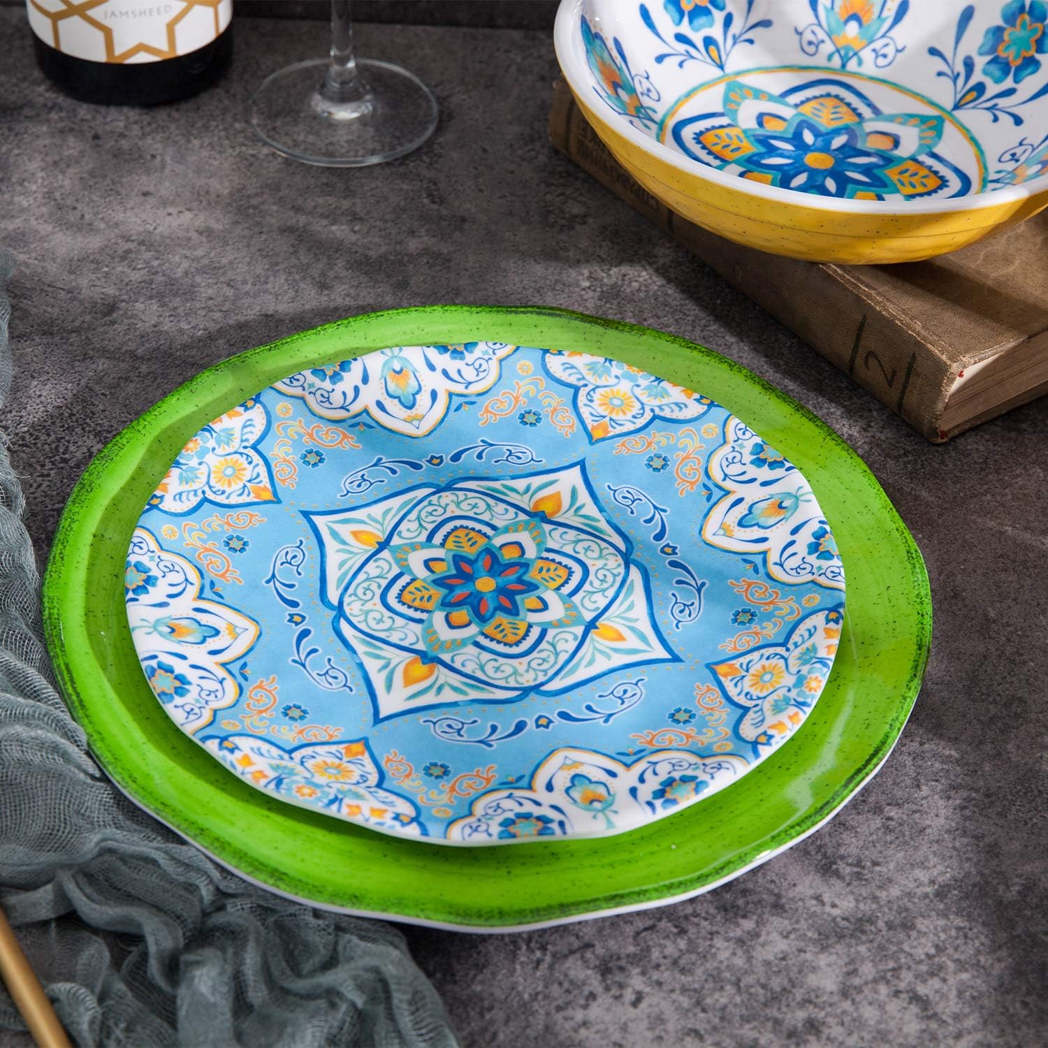 Melamine Dinnerware Set 12 Pcs Durable Dishware Colorful Plate Bowl Set Dishwasher Safe Shatter Proof Chip Resistant Not Microware Not Oven