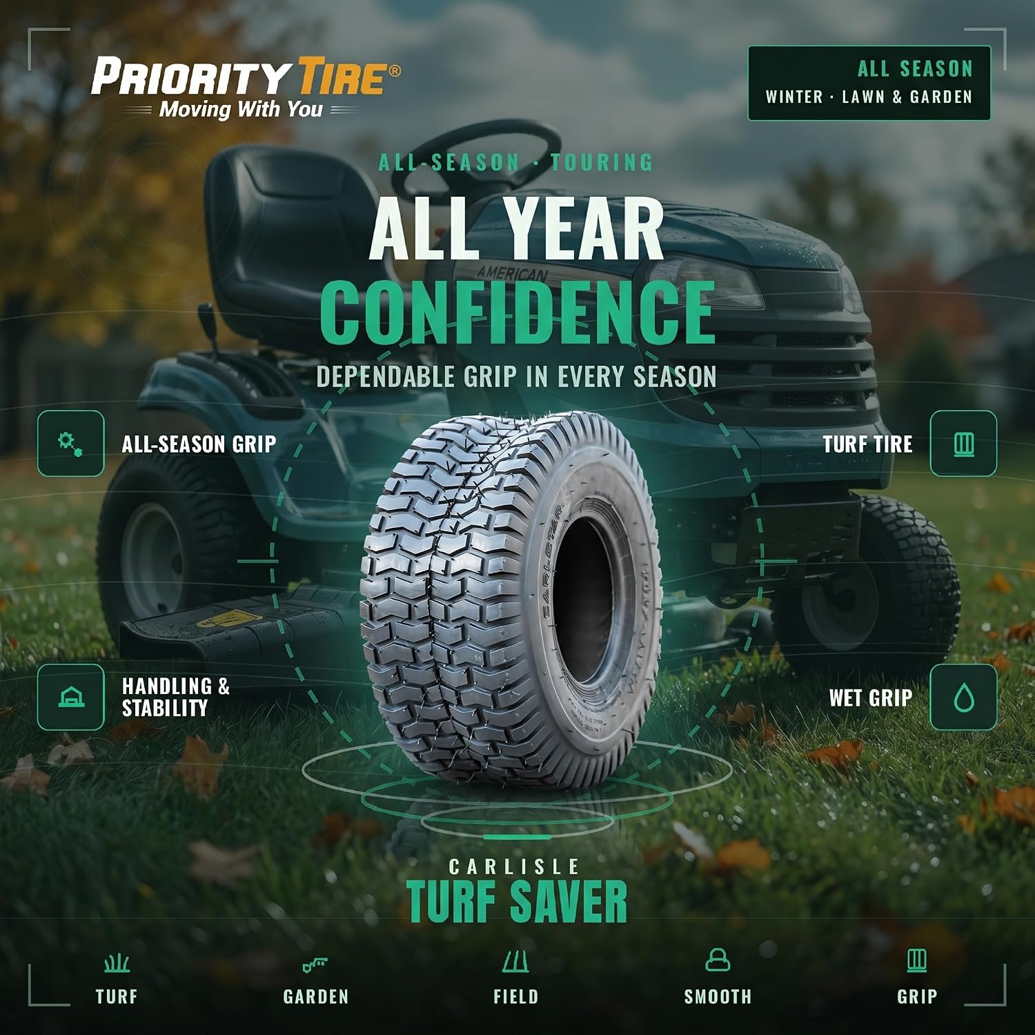 Carlisle Turf Saver Lawn & Garden Tire - 23X9.50-12 | Lawn Mower & Garden Tractor All Season Traction 77A3 Rated 2 Ply Bias Construction Black Sidewall Tire