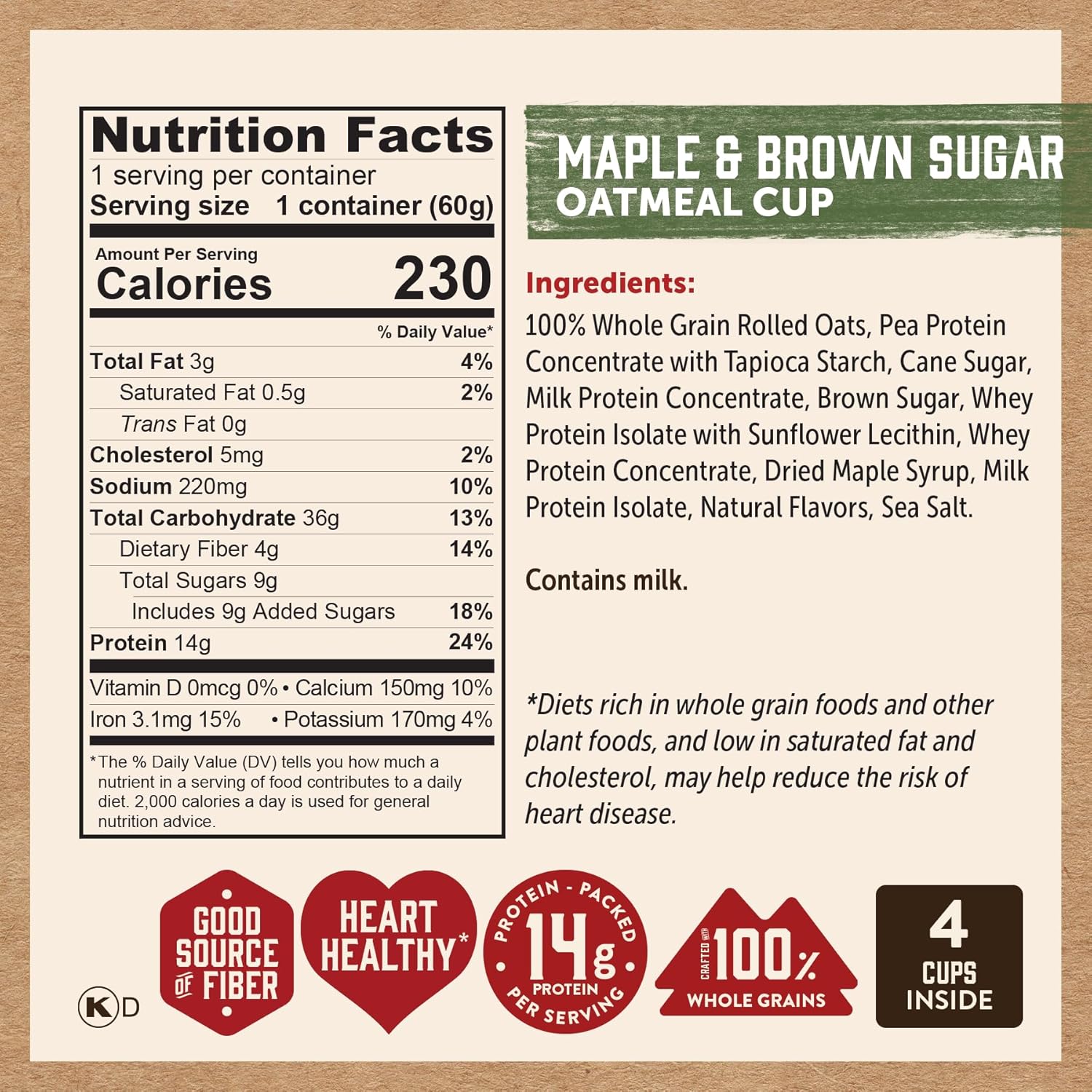 Kodiak Cakes Instant Protein Maple & Brown Sugar Oatmeal in a Cup, 2.12oz (Pack of 12)