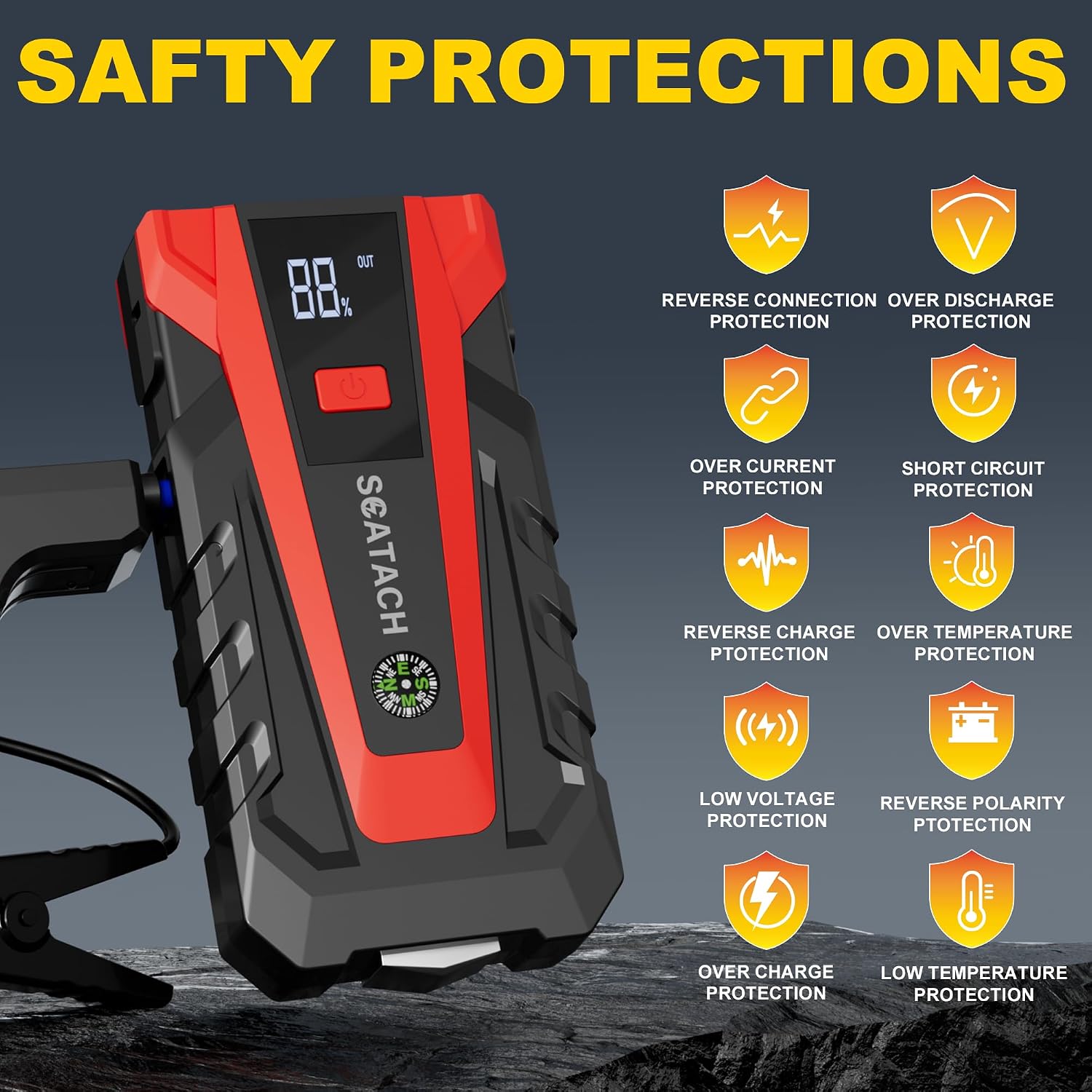 Scatach 6000A Car Battery Jump Starter,12V Portable Jump Starter Battery Pack (up to 9.0L Gasoline and 7.0L Diesel Engine), Jump Box with 3 Modes Flashlights, Jumper Cables, LED Display