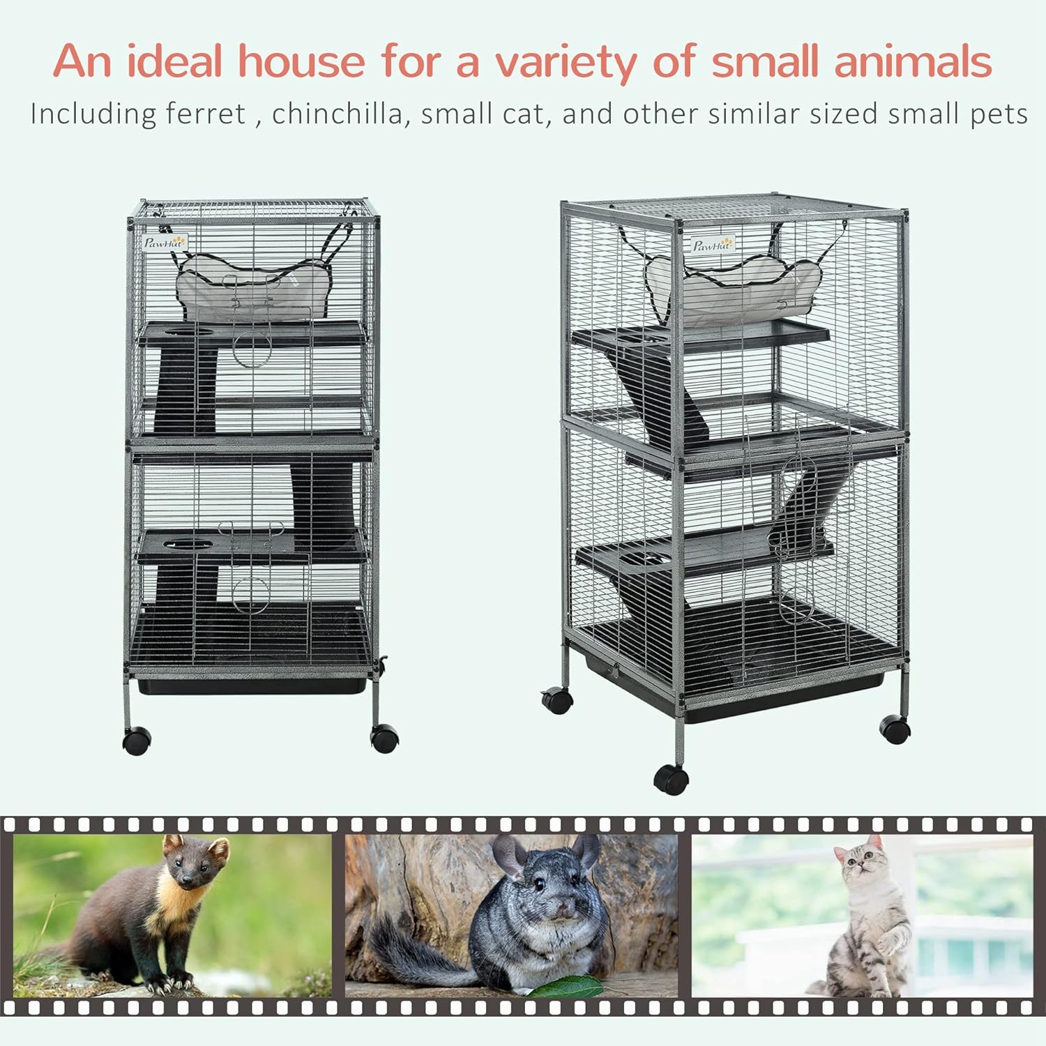 PawHut Metal Small Animal Cage, 4-Tiers Rolling Big Ferret Cage, Gray