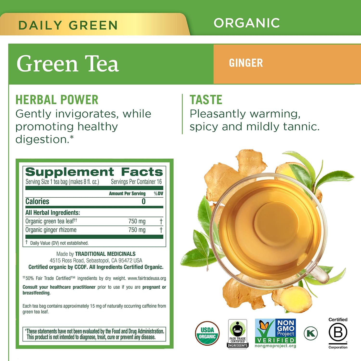 Traditional Medicinals Organic Green Tea Ginger, 16 Tea Bags | Promotes Healthy Digestion, Occasional Nausea & Indigestion Relief, Kosher, Non-GMO