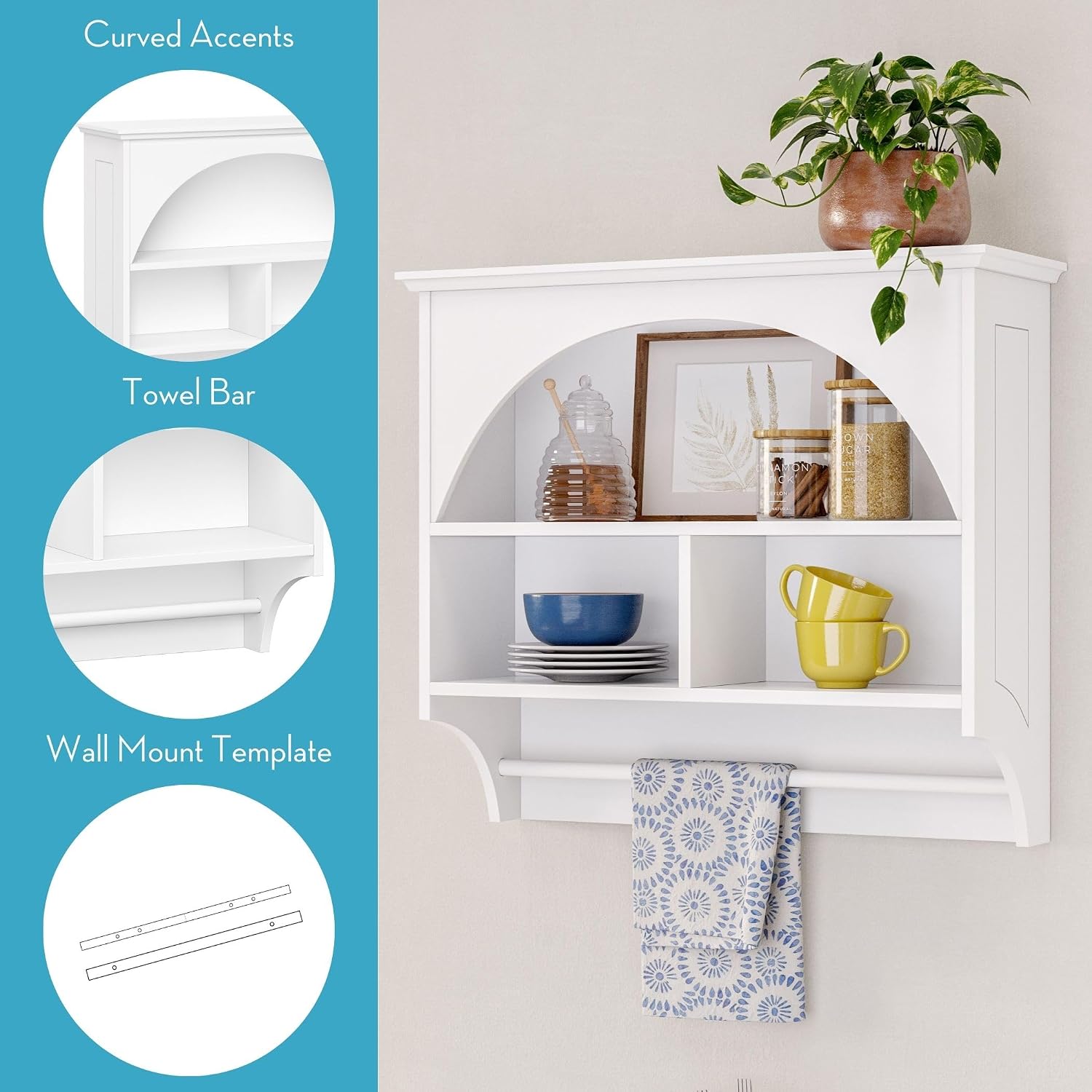RiverRidge Kitchen Wall Shelf with Arch and Towel Bar, White | Wall-Mounted Pantry Spice Rack, 2 Shelves, Kitchen Storage Cabinet, Hand Towel Rack