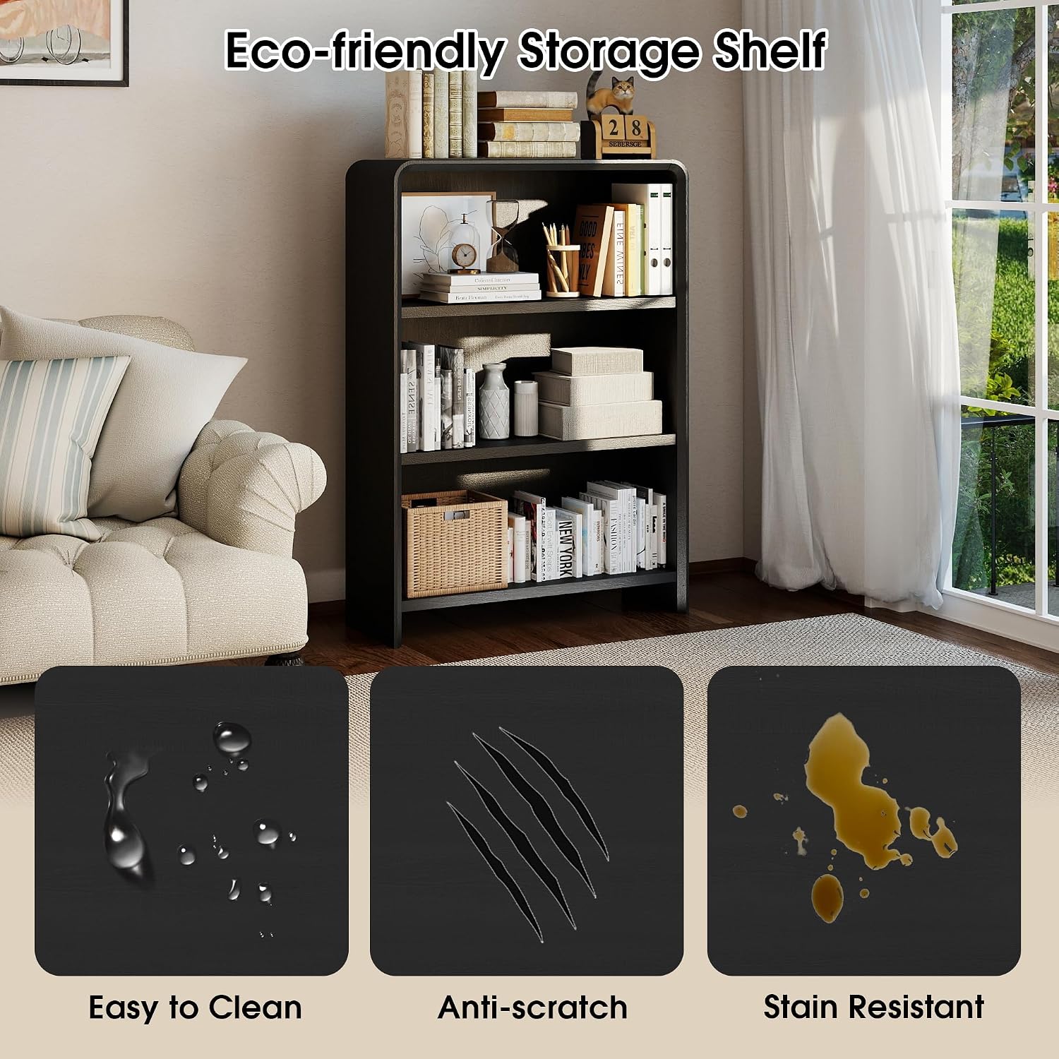 Bevfint 44" Bookcase Tall 3 Shelves Wood Bookshelf with Curved Soft Edges, Heavy Duty Storage Cabinet for Professional Home Office and Living Room, Modern Natural Oak Grain Finish