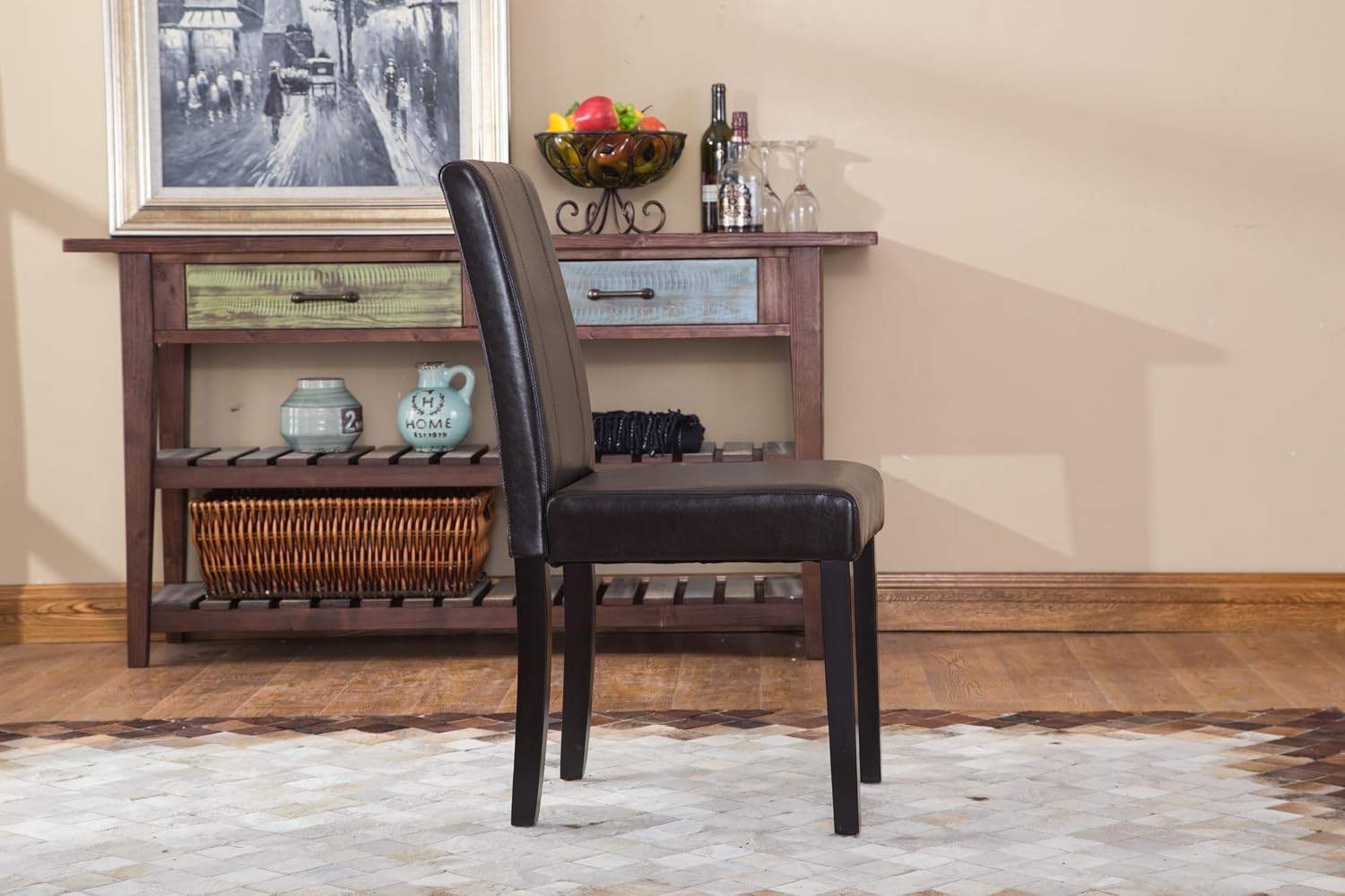 Roundhill Furniture C020BR Urban Style Solid Wood Leatherette Padded Parson Chair, Brown, Set of 2
