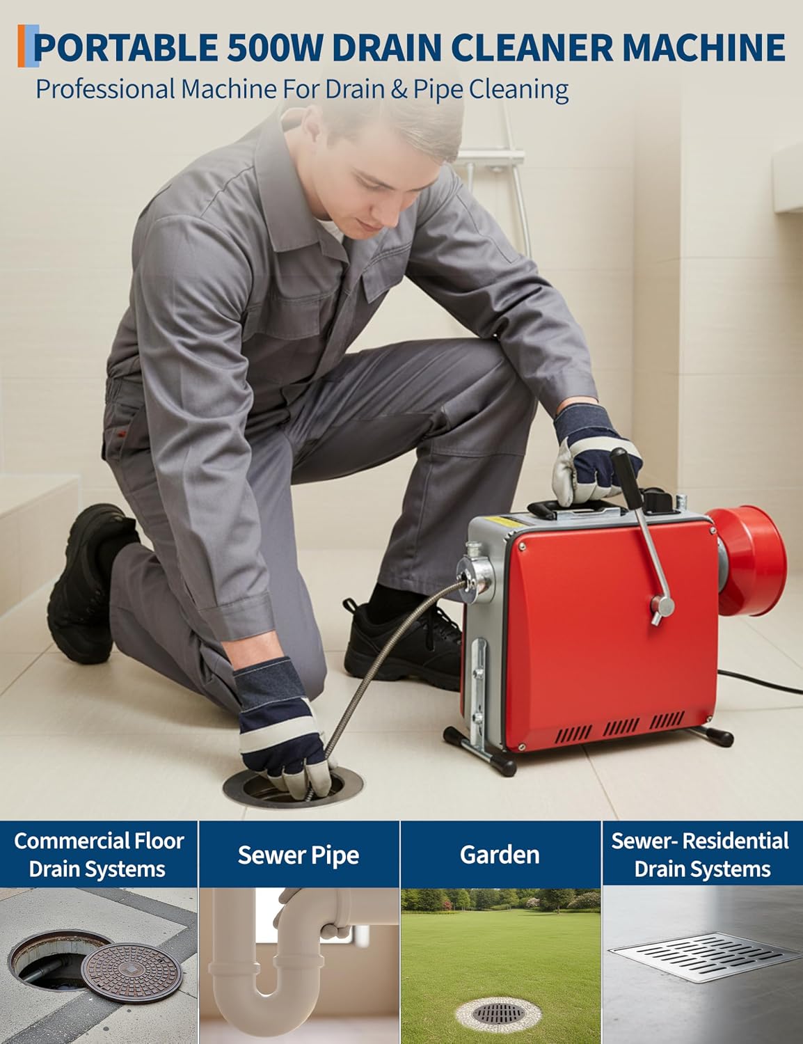Electric Drain Cleaner Machine, Portable 66Ft & 16Ft Sewer Snake Auger with 6 Cutters, Professional Drain Cleaning Tool for 1-4 Inch Pipes in Sinks