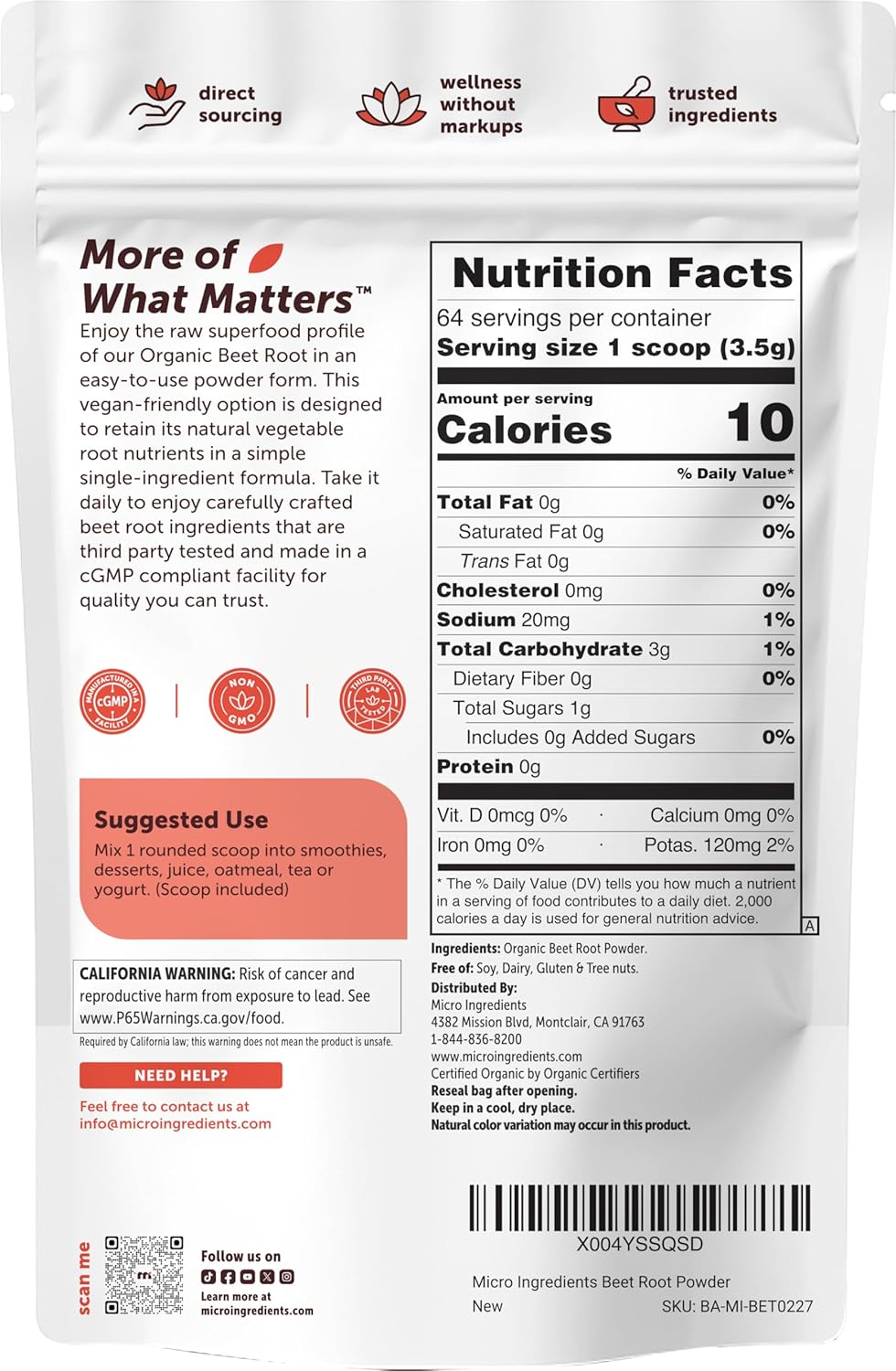 Micro Ingredients Organic Beet Root Powder, 4 Pounds | Nitric Oxide Supplement for Men & Women | Water Soluble, Highly Concentrated Raw Beet Supplement | Superfood Drink Mix | Non-GMO, Plant Based