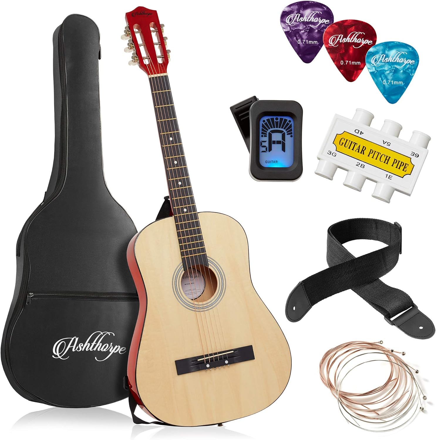 Ashthorpe 38-inch Beginner Acoustic Guitar (Red), Starter Kit with Gig Bag, Extra Strings, Strap, Picks, and Lessons