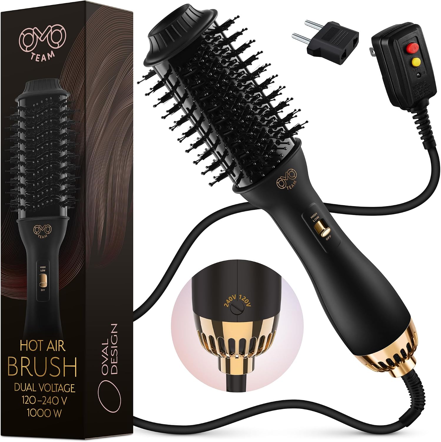 Professional Blowout Hair Dryer Brush, Black Gold Dryer and Volumizer, Hot Air Brush for Women, 75MM Oval Shape (Black Gold)