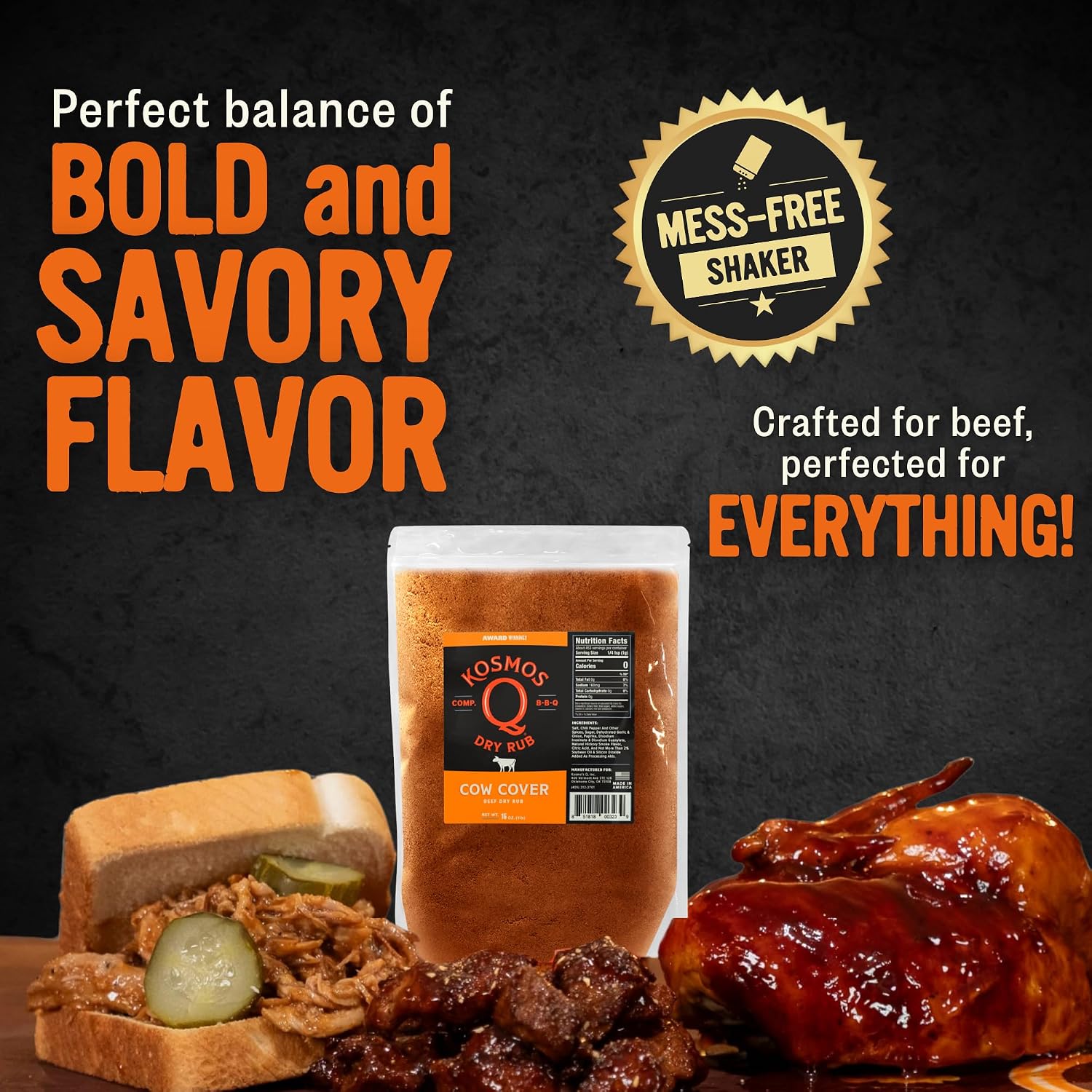 Kosmos Q Hot Dirty Bird BBQ Dry Rub, Spicy Seasoning with Chili Pepper, Brown Sugar, Garlic & Onion for Chicken, Turkey, Ribs, Pork, Dry Rub for Smoking & Grilling Meat, BBQ Spice Blend, 11 Oz Bag