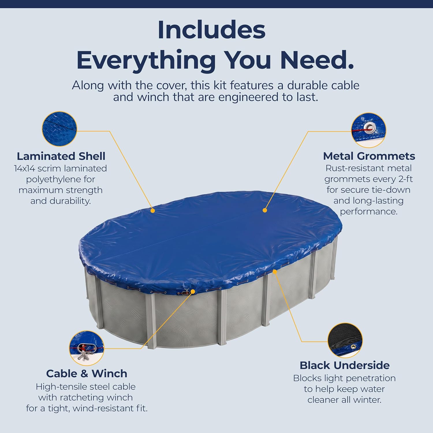 Blue Wave Arctic Armor 12x24-ft Oval Above Ground Pool Winter Cover, Blue | 14x14 laminated polyethylene, metal grommets every 2 ft, black underside, cable and winch, 4-ft overlap, 15-yr support