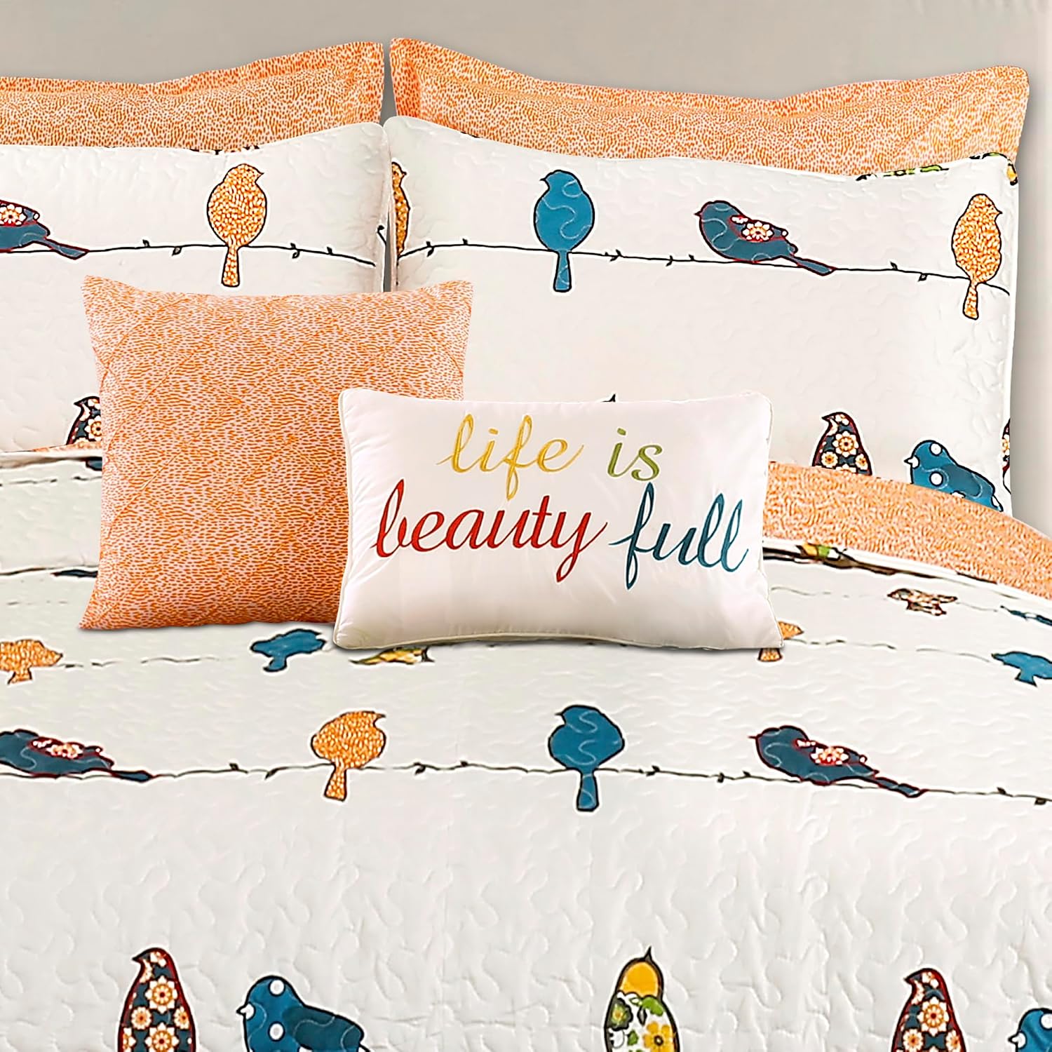 Lush Decor Rowley Birds Quilt Set, 7 Piece Set, Full/ Queen, Multi - Reversible Bird Bedding Set With Pillow Cases & Throw Pillows - Colorful