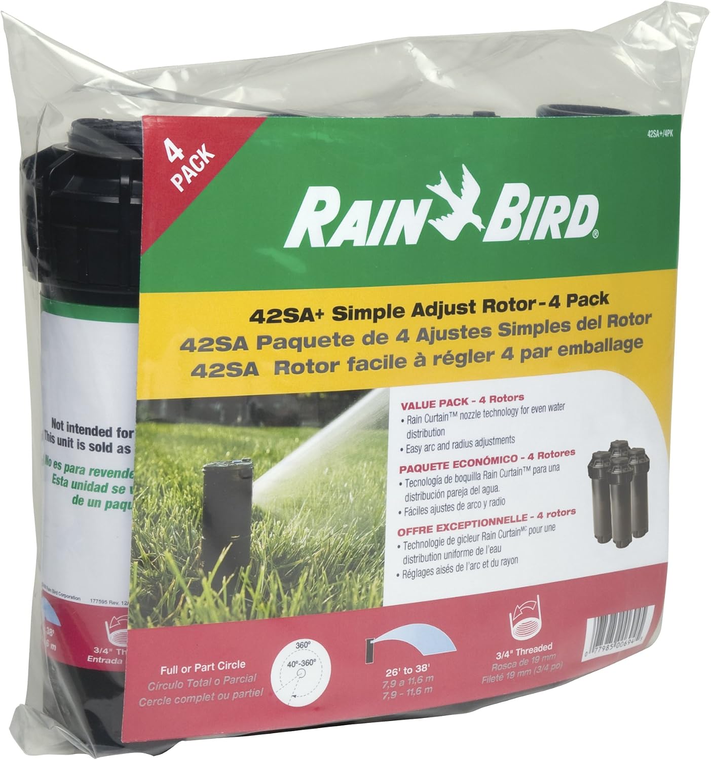 Rain Bird 32SA/4PKS Simple Adjust 32SA Gear Drive Rotor, Adjustable 40° - 360° Pattern, 19' - 32' Spray Distance, 4-Pack