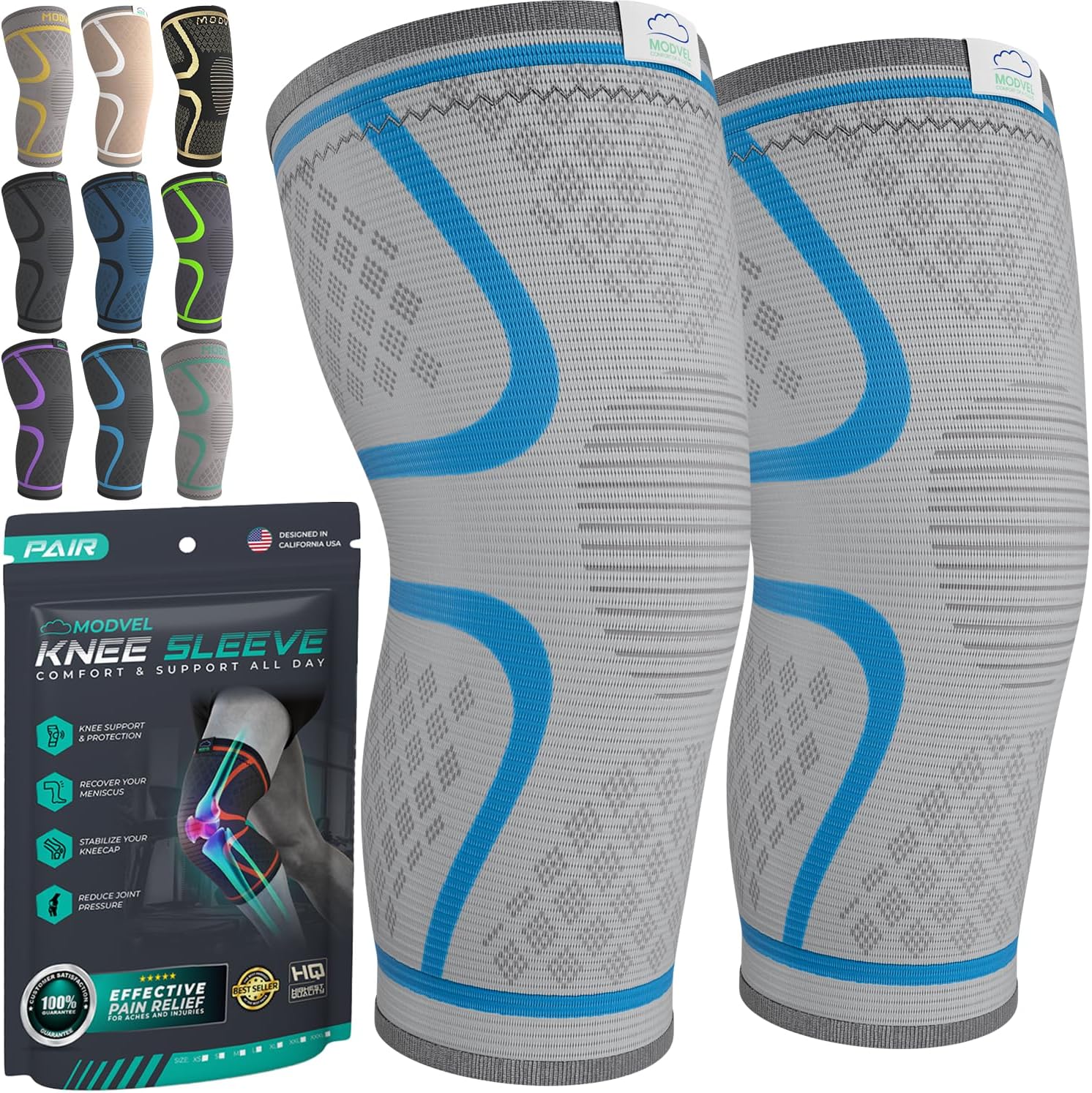 Modvel Compression Knee Brace for Women & Men - 2 Pack Knee Brace for Women Running Knee Pain, Knee Support Compression Sleeve