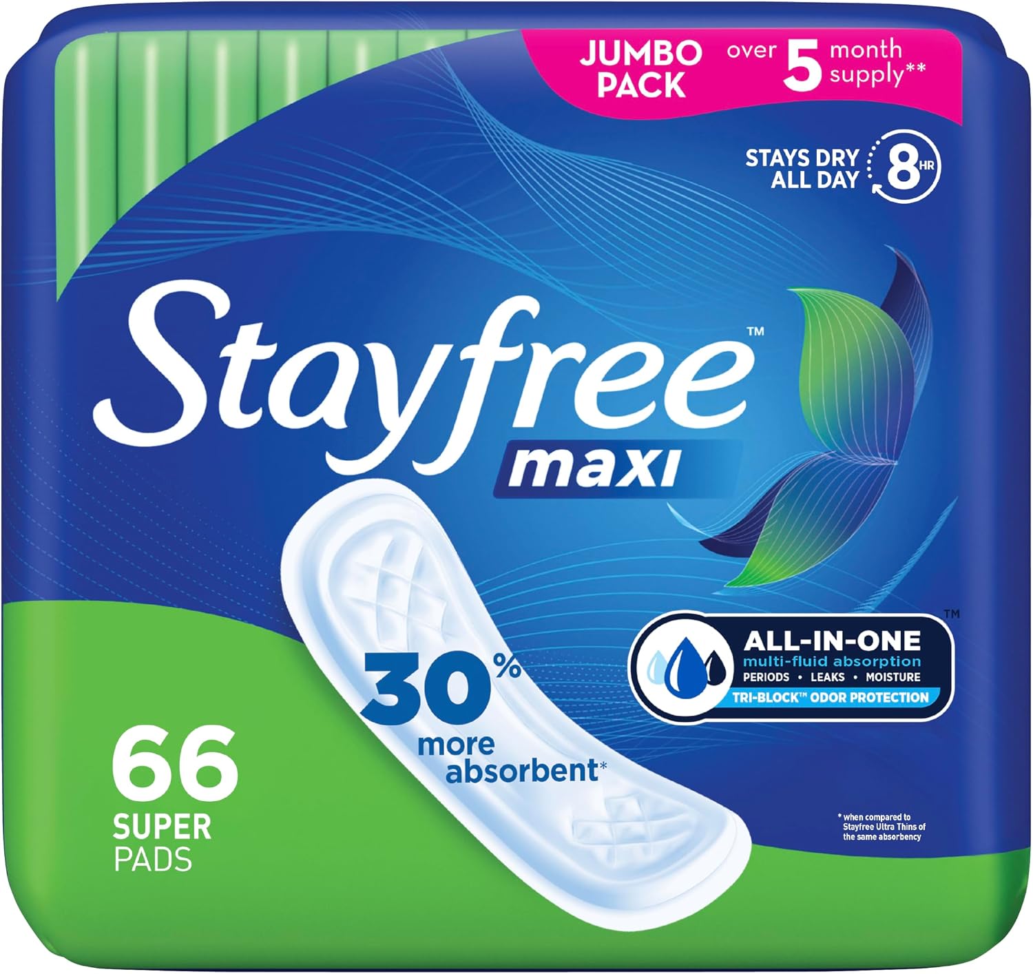 Stayfree Maxi Super Pads Wingless, Period and Leaks, 66 ct