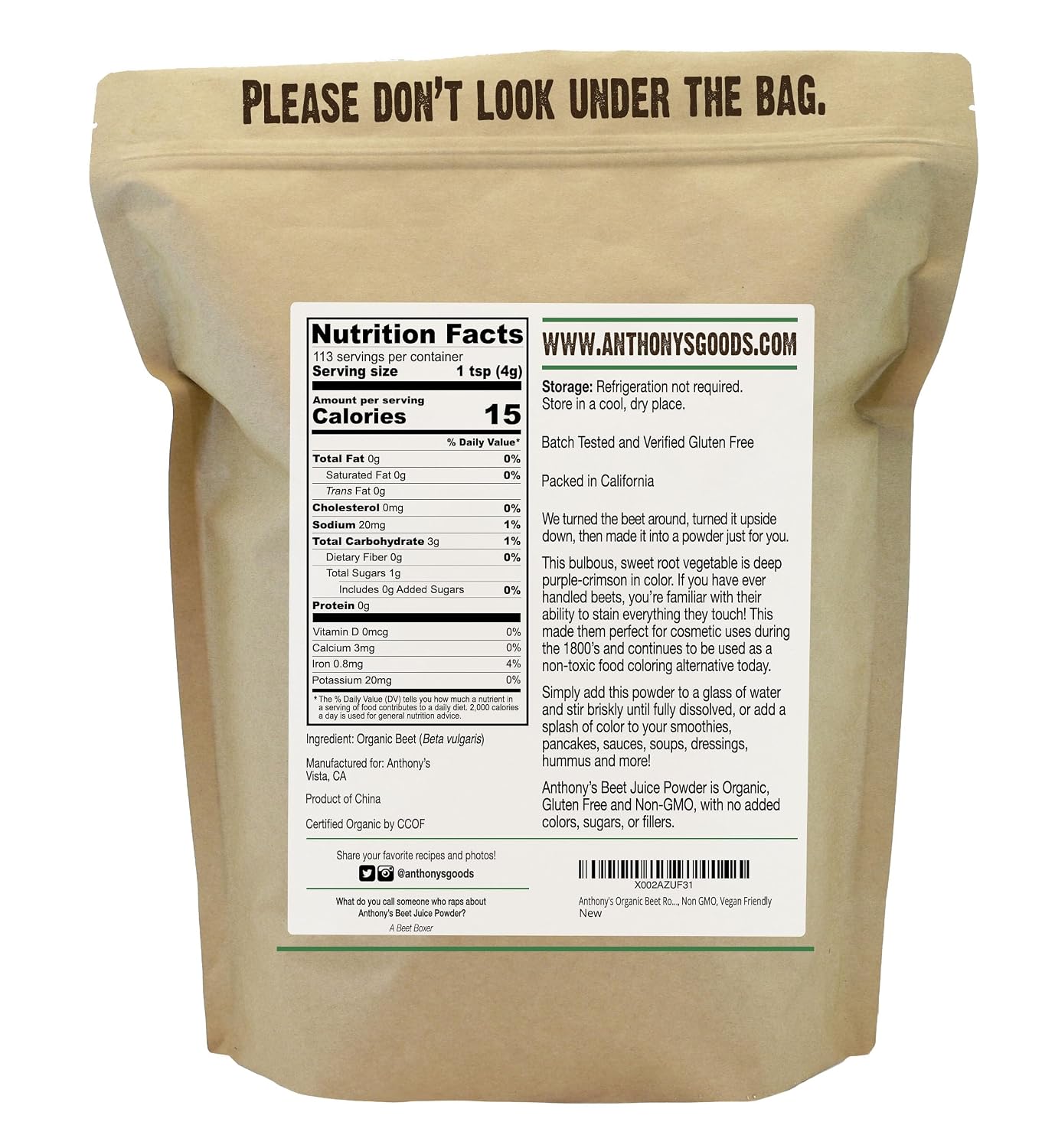 Anthony's Organic Beet Root Juice Powder, 1 lb, Gluten Free, Non GMO, Vegan Friendly