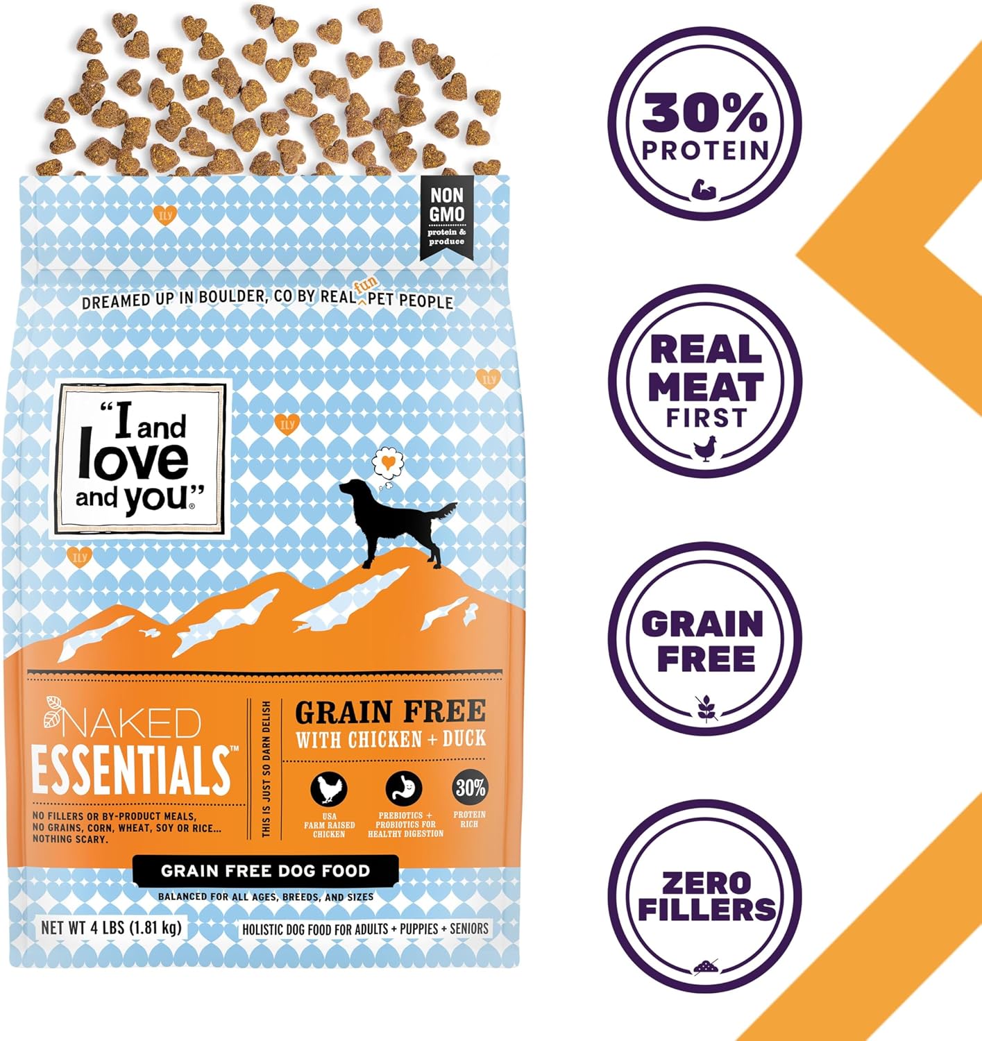 I and love and you Naked Essentials Dry Dog Food - Lamb + Bison - High Protein, Real Meat, No Fillers, Prebiotics + Probiotics, 4lb Bag