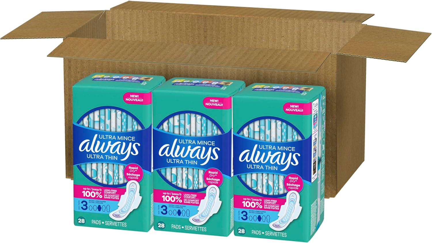Always Ultra Thin Feminine Pads with Wings for Women, Size 3, Extra Long Super Absorbency, Unscented, Up to 100% Leak-Free Protection, 84 Count Total