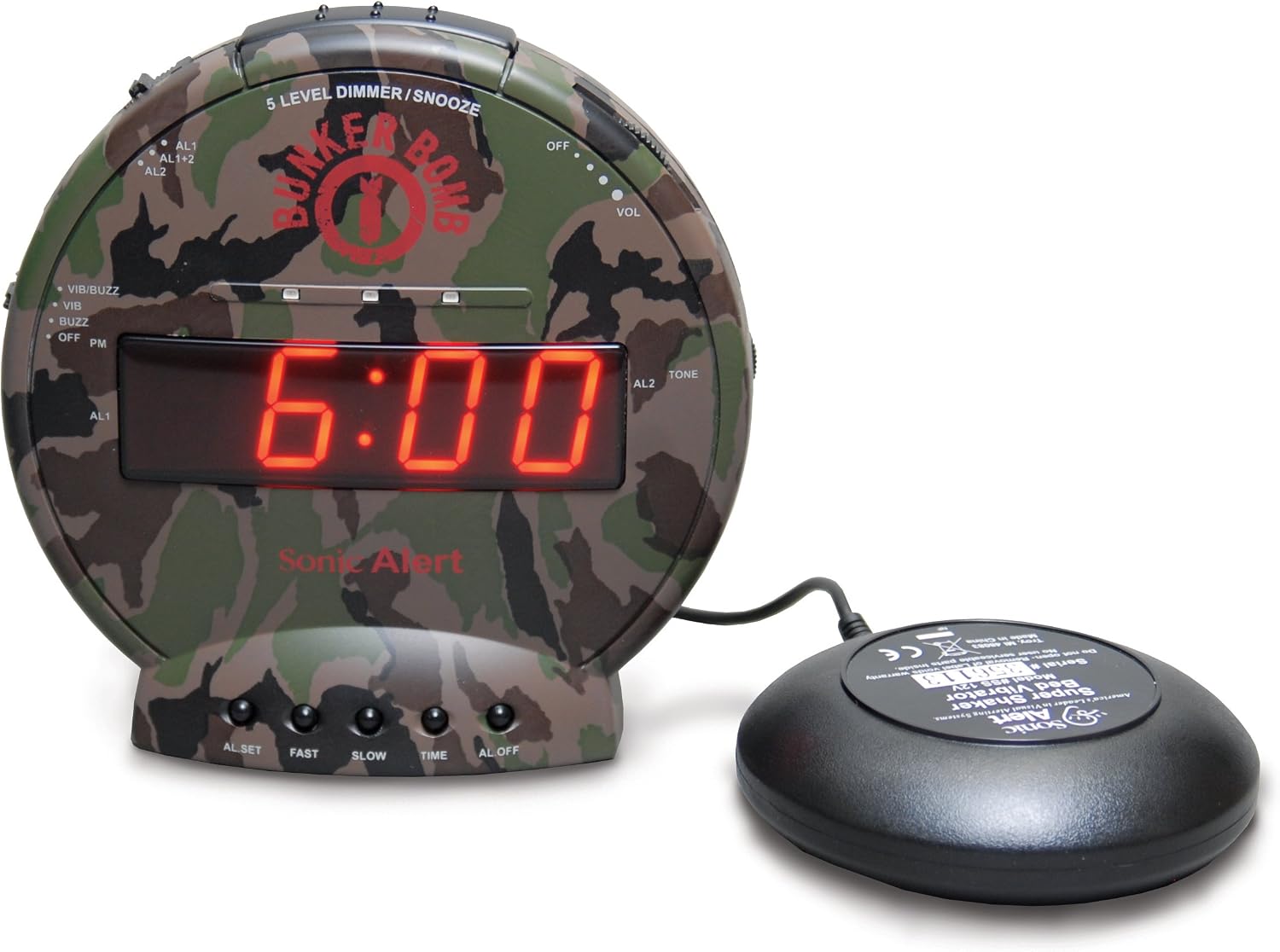 Sonic Bomb Dual Extra Loud Alarm Clock with Bed Shaker, Black | Sonic Alert Vibrating Alarm Clock Heavy Sleepers, Battery Backup | Wake with a Shake
