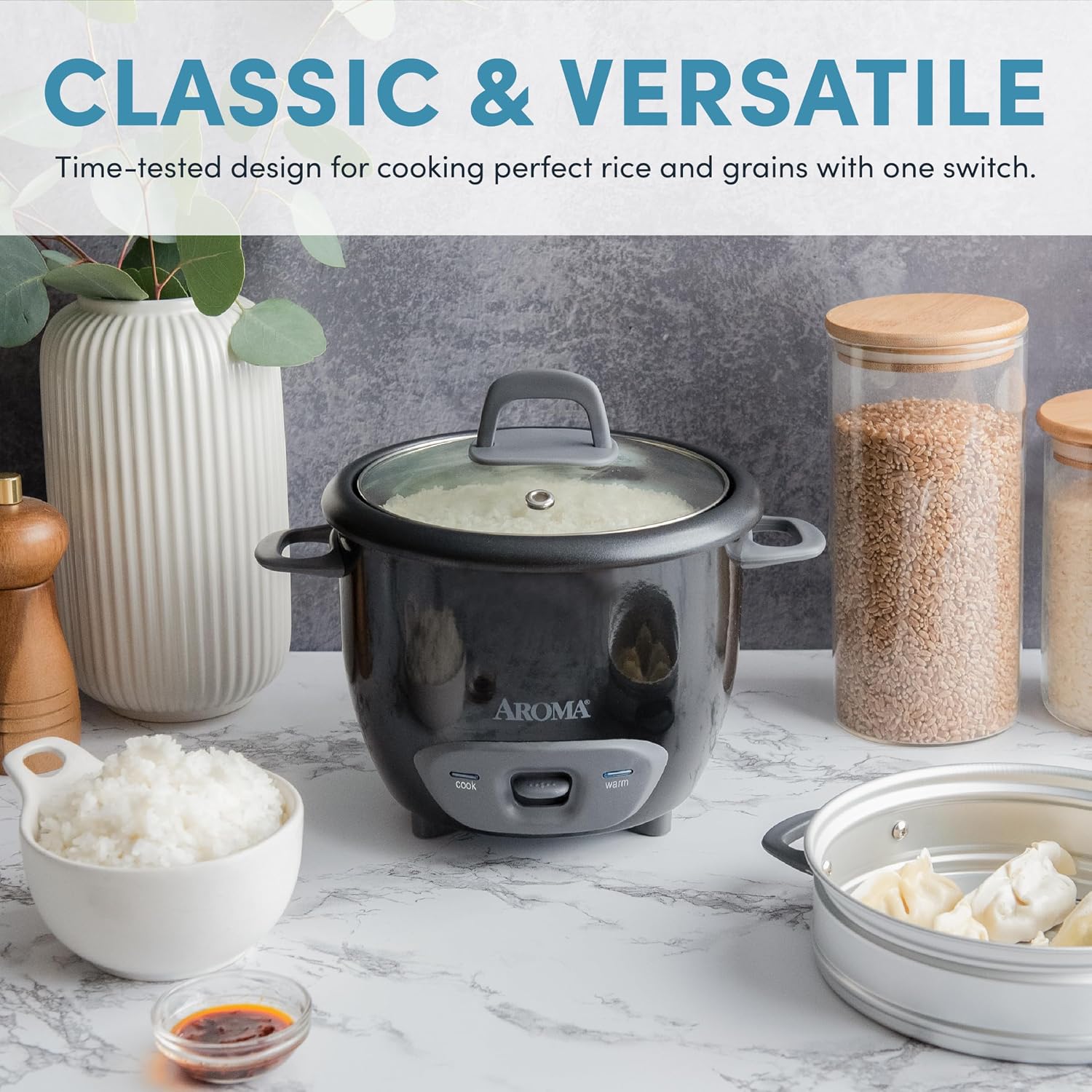 AROMA® Rice Cooker, 3-Cup (Uncooked) / 6-Cup (Cooked), Steamer, Small Rice Cooker, Oatmeal Cooker, Soup Maker, Auto Keep Warm, 1.5 Qt, White, ARC-743-1NG