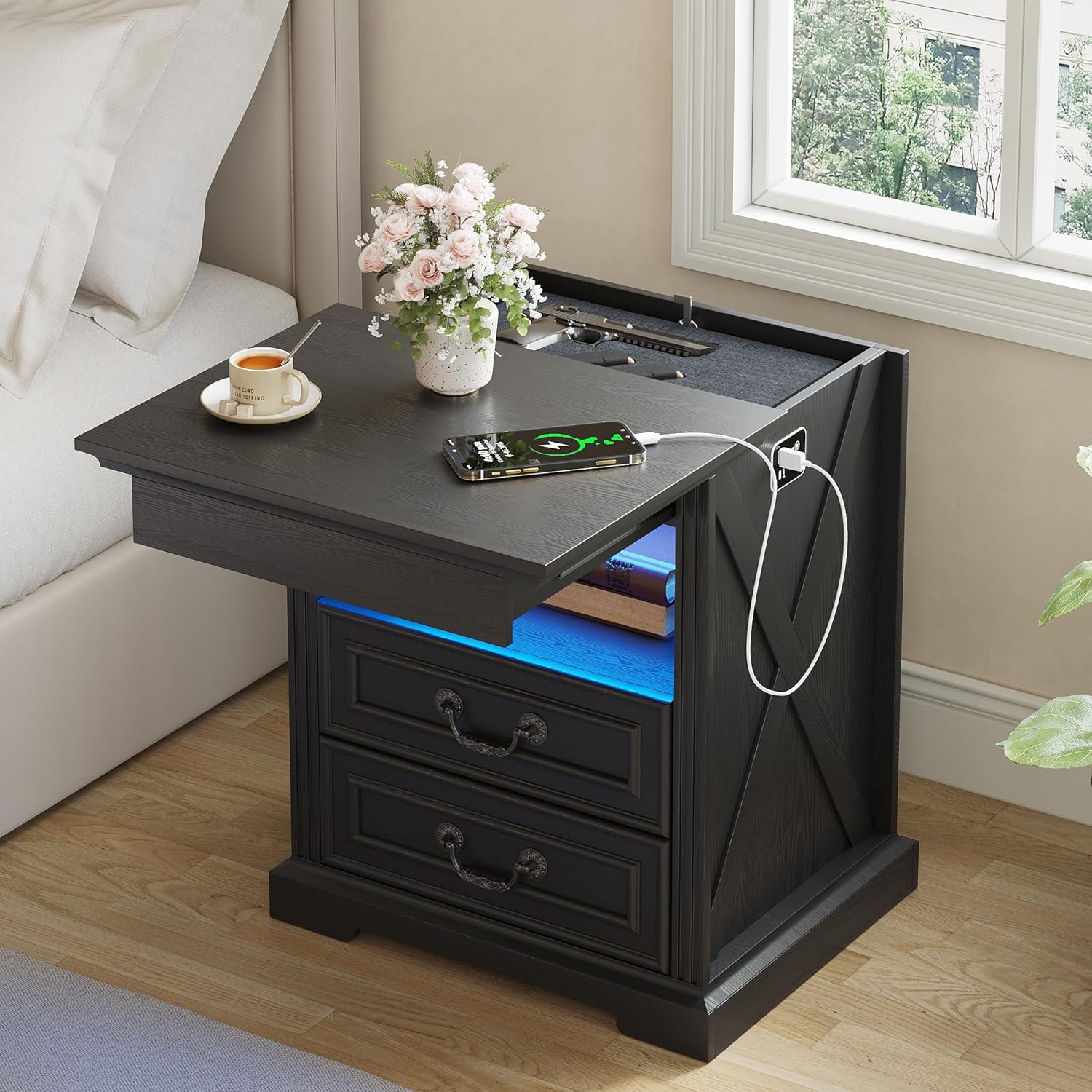 Dystler Nightstand with Hidden Gun Safe Drawer, Charging Station & LED Lights