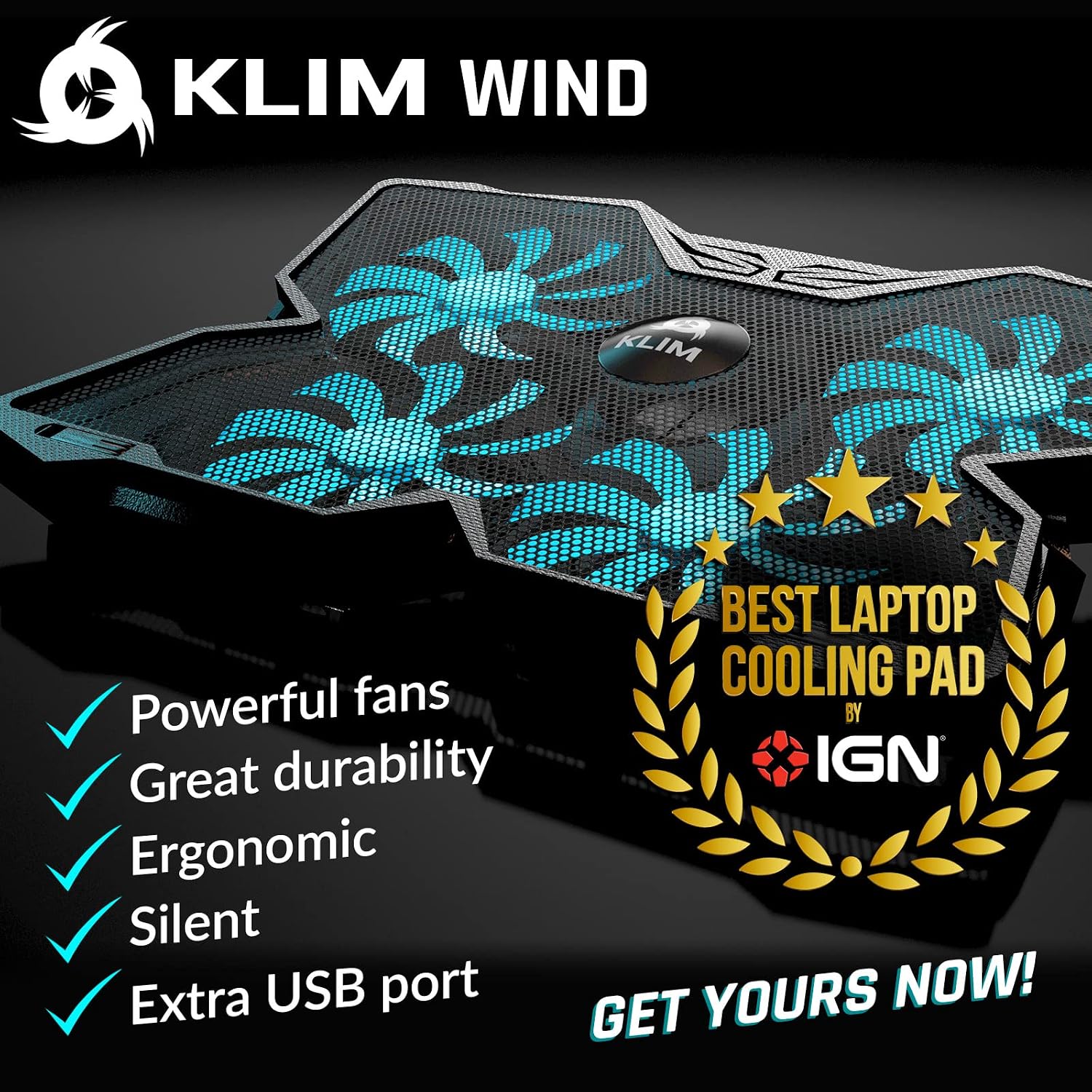 KLIM Wind Laptop Cooling Pad - More Than 500 000 Units Sold - New Version - The Most Powerful Rapid Action Cooling Fan - Laptop Stand with 4 Cooling Fans at 1200 RPM - USB Fan - PS5 PS4 - Blue