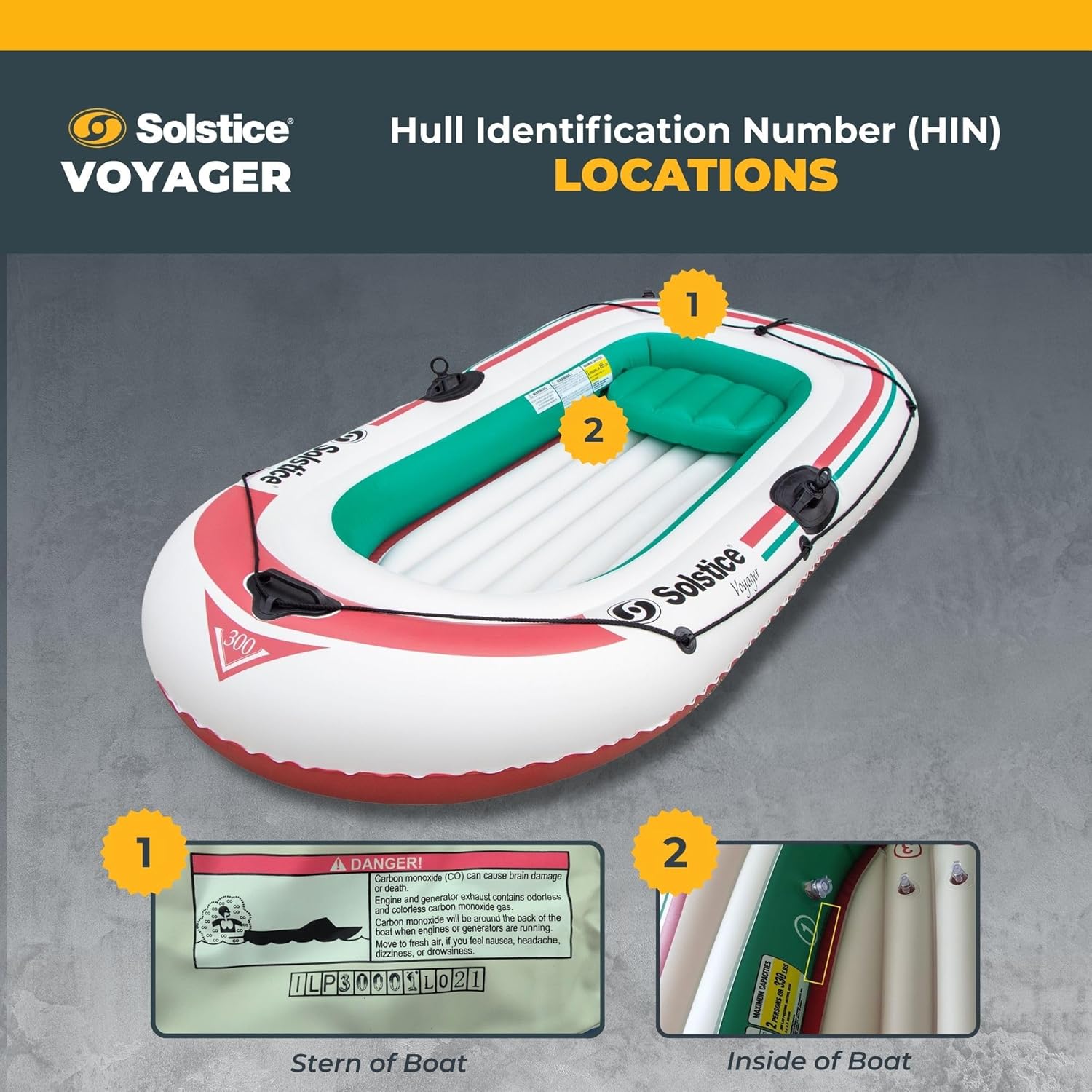 Solstice Voyager 4-Person Inflatable Fishing Boat with Dual Swivel Oar Locks and Rod -Holder, Motor Compatible 9' x 5'