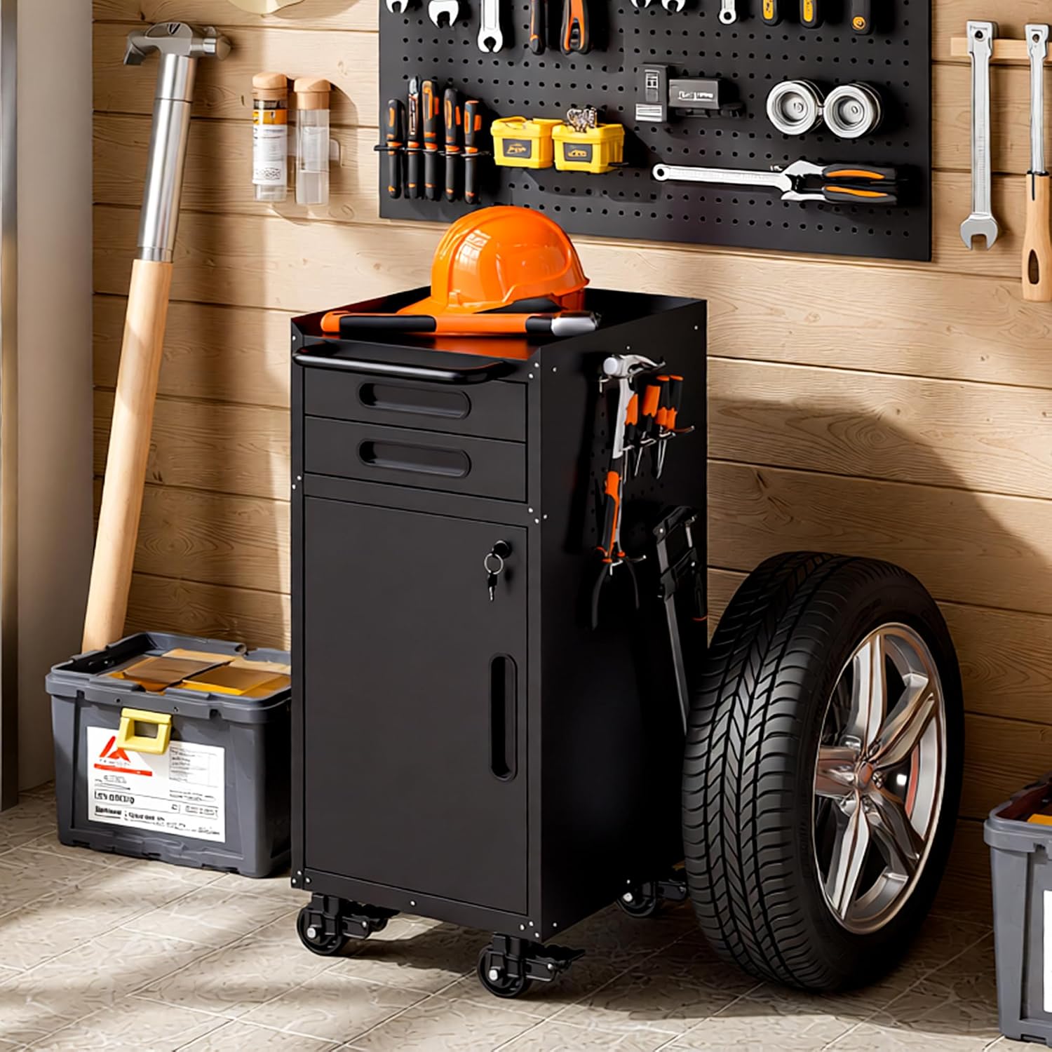 Garage Cabinets,Metal Garage Storage Cabinet with Wheels,Black Lockable Rolling Tool Cabinet with Drawer and Adjustable Shelves,Heavy Duty Tool Chest for Home Office Utility Room