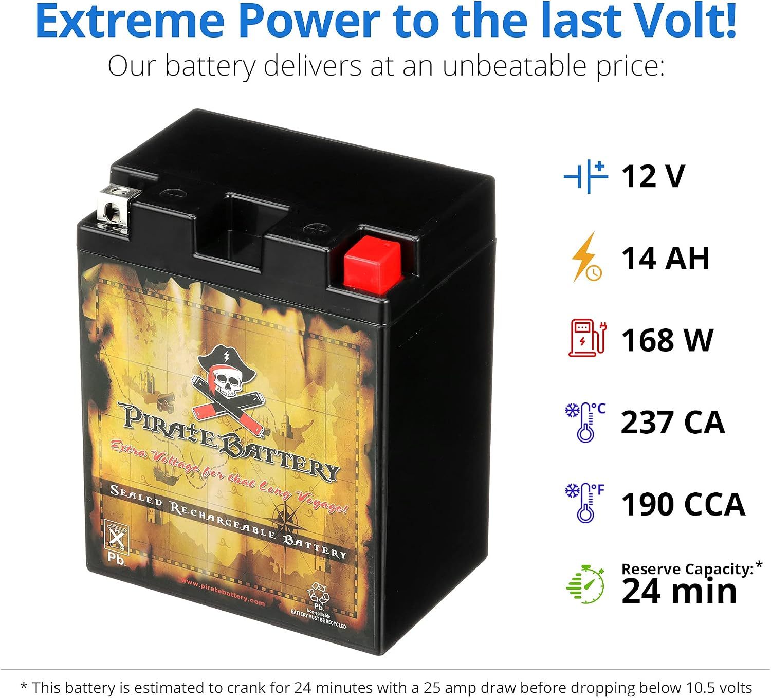 Pirate Battery YTX20HL-BS 310 CCA Maintenance-Free 12V 19Ah Battery Replacement for ATV, Harley Davidson Motorcycle, Jet Skis, Scooter, UTV, and More - Nut and Bolt (T3) Terminal
