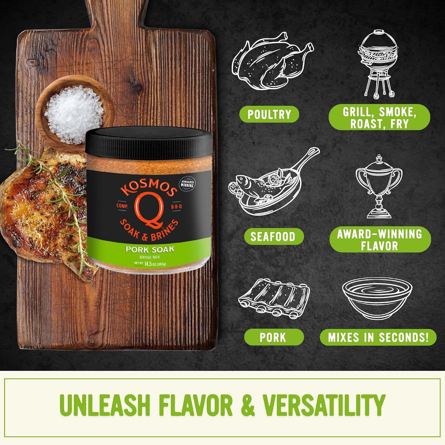 Kosmos Q Chicken Brine Soak, Brown Sugar & Worcestershire Spice Mix For Whole Bird, Breasts, Tenderloins, Grilling, Roasting, Smoking, Locks In Moisture, Savory Flavor, Easy Mix Directions, 16 Oz Bag
