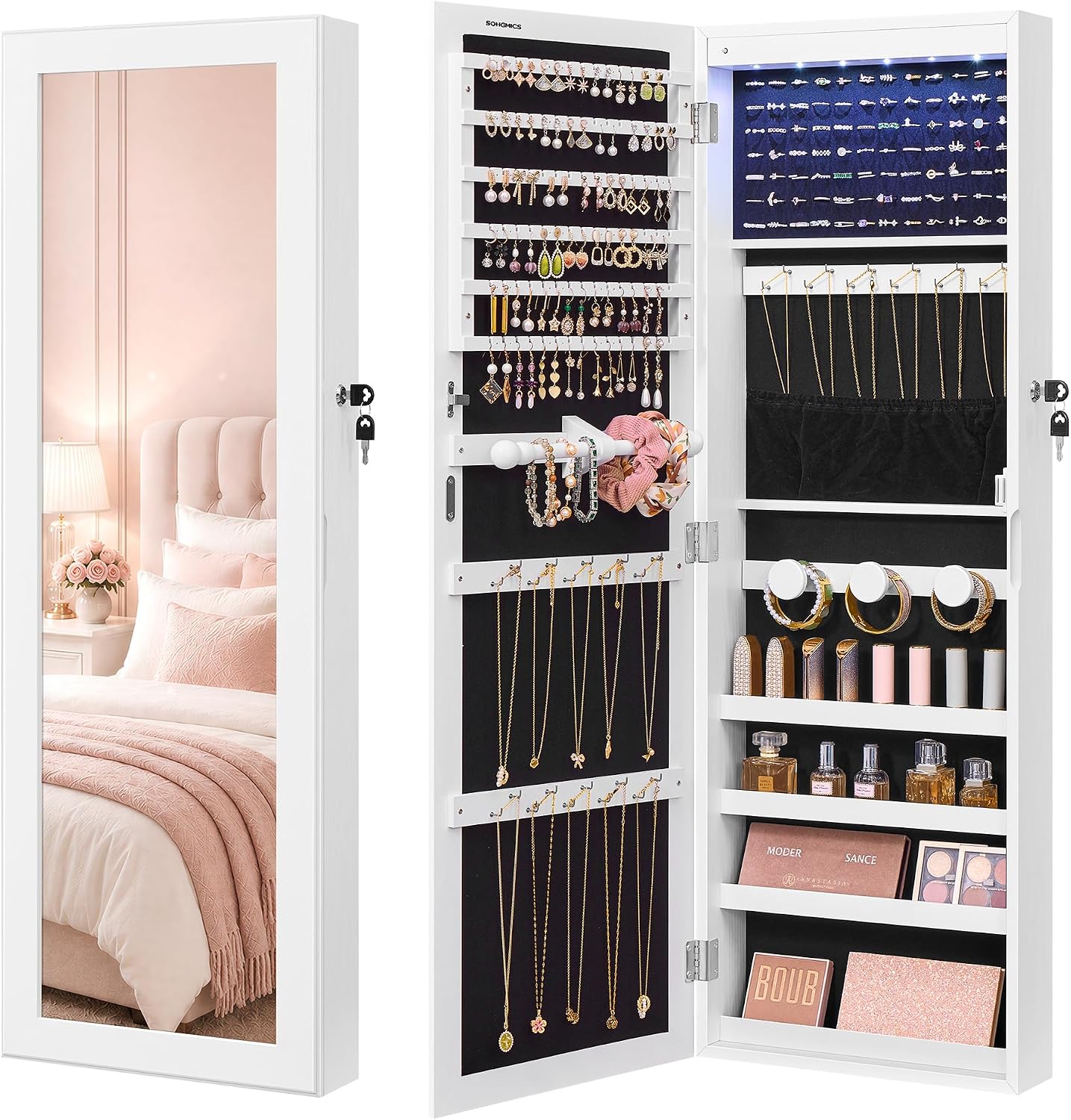 SONGMICS 6 LEDs Mirror Jewelry Cabinet, 47.2-Inch Tall Lockable Wall or Door Mounted Jewelry Armoire Organizer with Mirror, 2 Drawers, 3.9 x 14.6 x 47.2 Inches, White UJJC93W